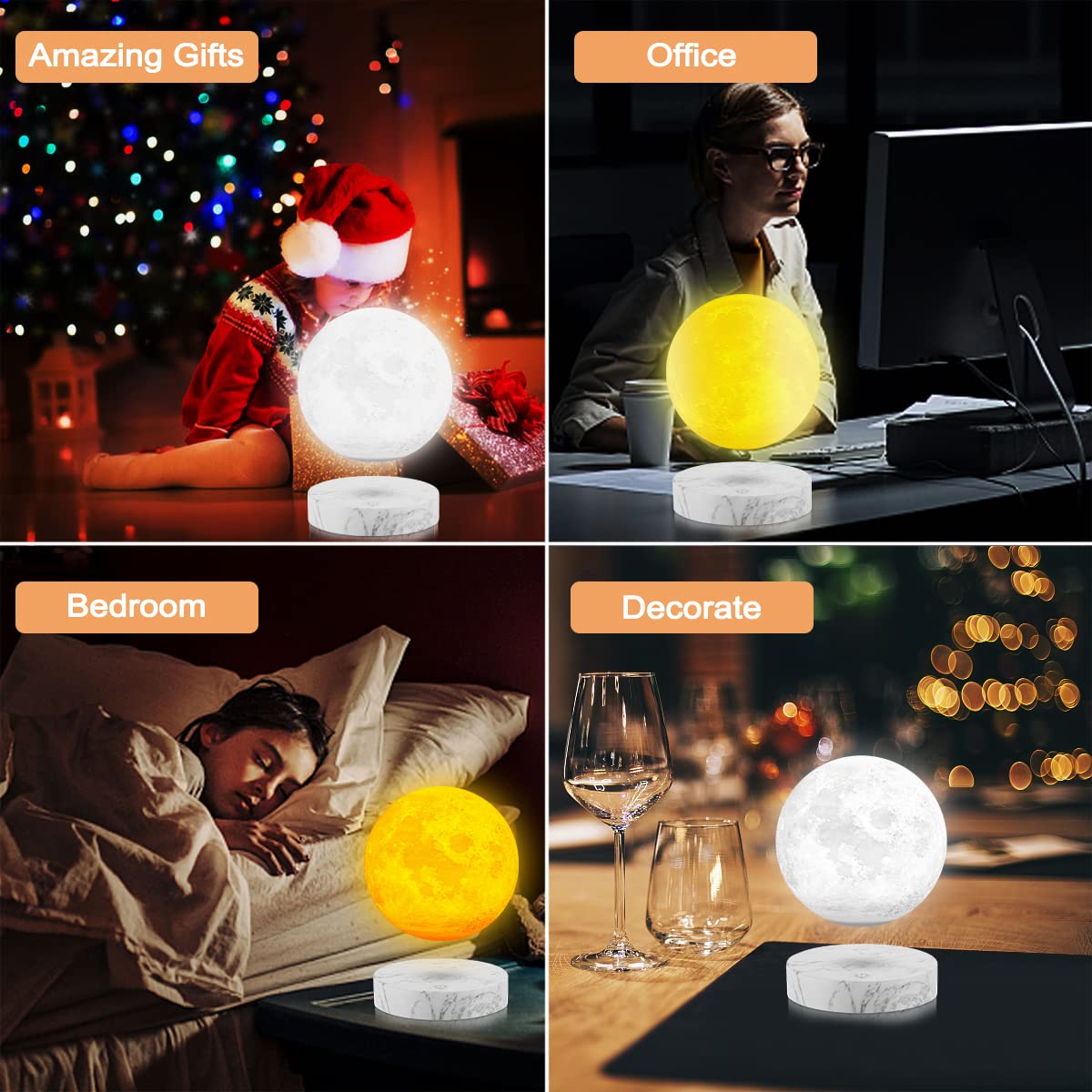 Vgazer Levitating Moon Lamp,Floating And Spinning In Air Freely With 3D Printing Led Moon Light Has 3 Colors For Unique Christma