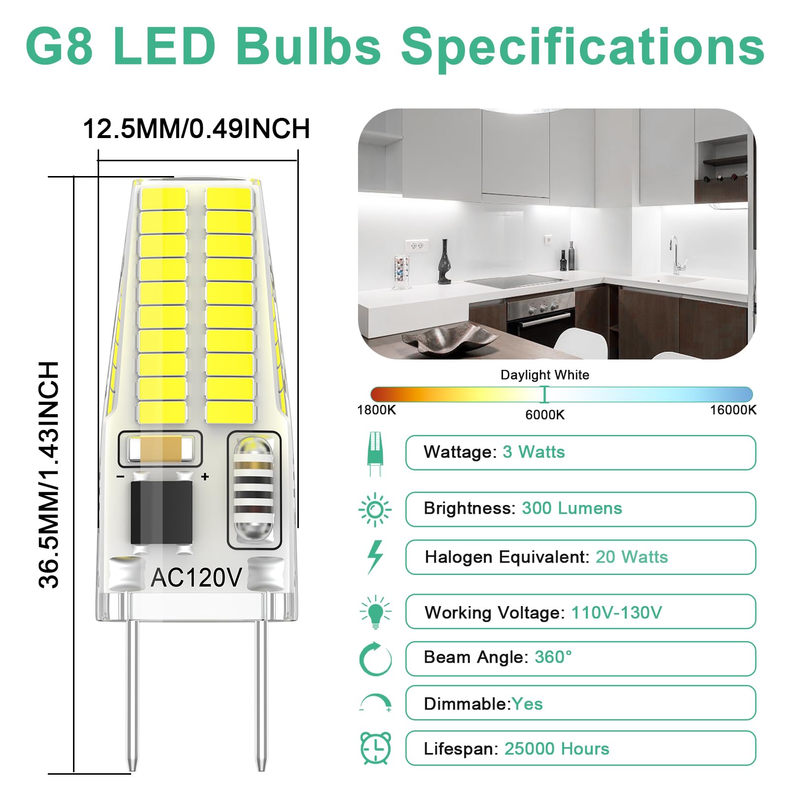 DUMILOO G8 LED Bulb Dimmable 20W 25W Bi-Pin Halogen Replacement Daylight White 6000K 6-Pack