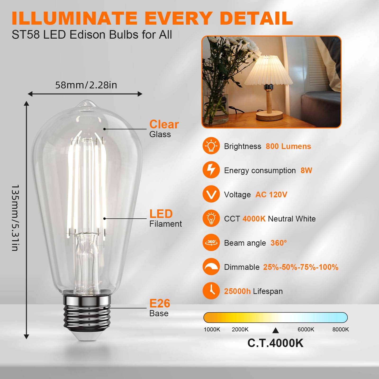 Kawaya E26 LED Edison Bulbs, 8W Equivalent, Dimmable, ST58, Clear Glass, 800 Lumens, 4000k Neutral White, 6 Pack