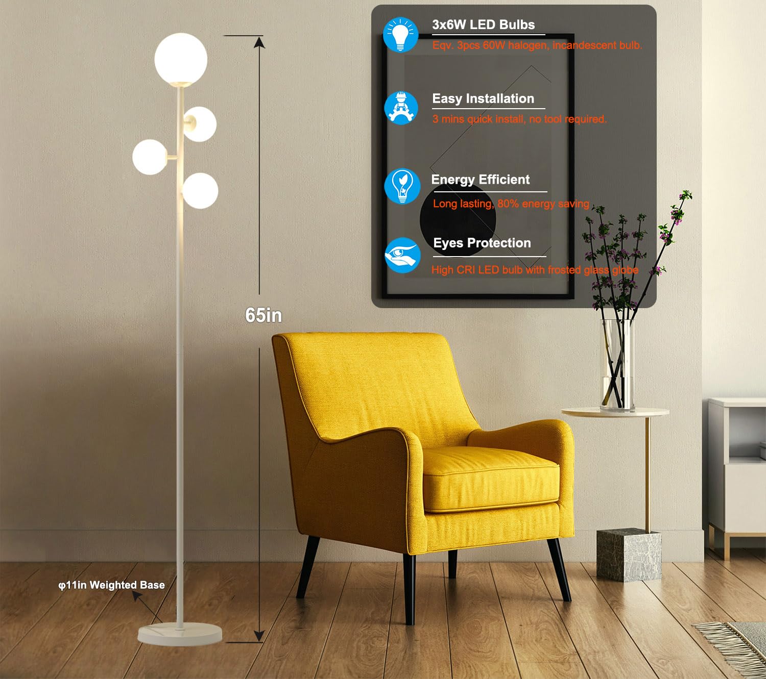 Fiqevs 4 Globe Floor Lamp - Modern White Standing Lamp With Frosted Glass Shade & Led Bulbs