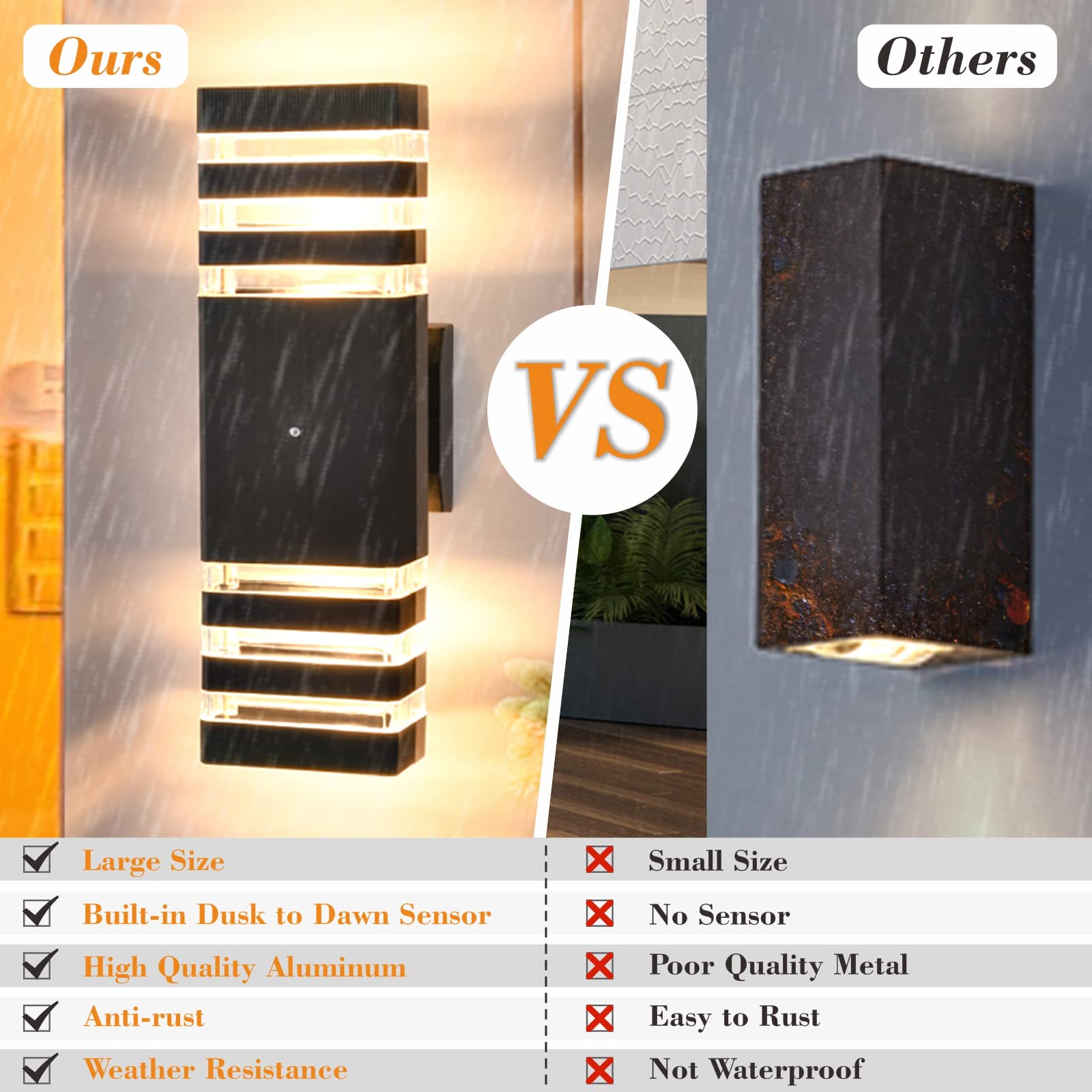 DARIISI Dusk to Dawn Outdoor Wall Lights 2 Pack, Waterproof Black Aluminum Fixtures for Porch, Garage, Patio - Model XSJ-221003
