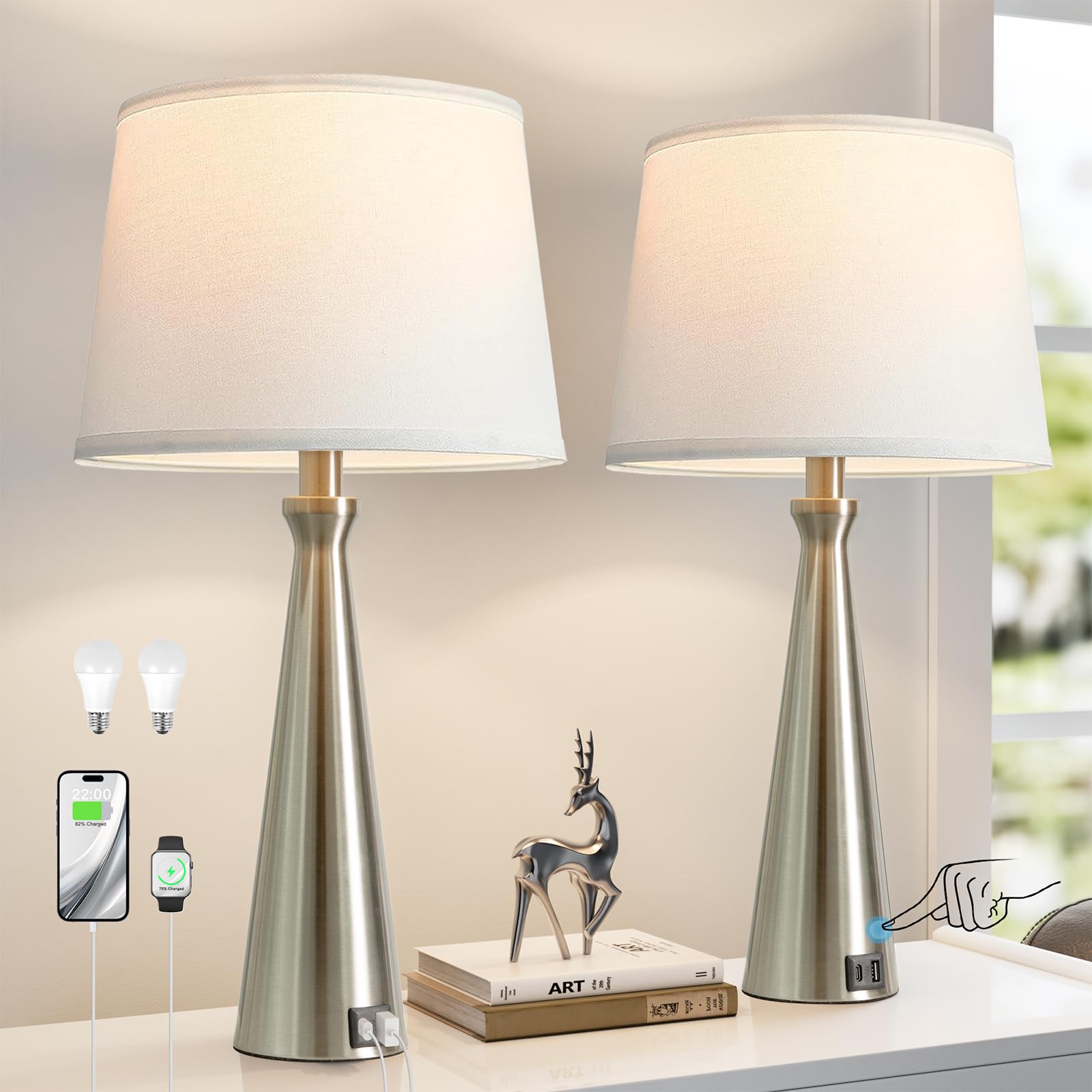 Seealle Modern Table Lamps Set of 2 - Touch Bedside Lamp for Nightstand with Dual USB C+A 3-Way Dimmable Silver Nightstand Lamps for Living Room Bedroom End Table with White Shade(Bulb Included)