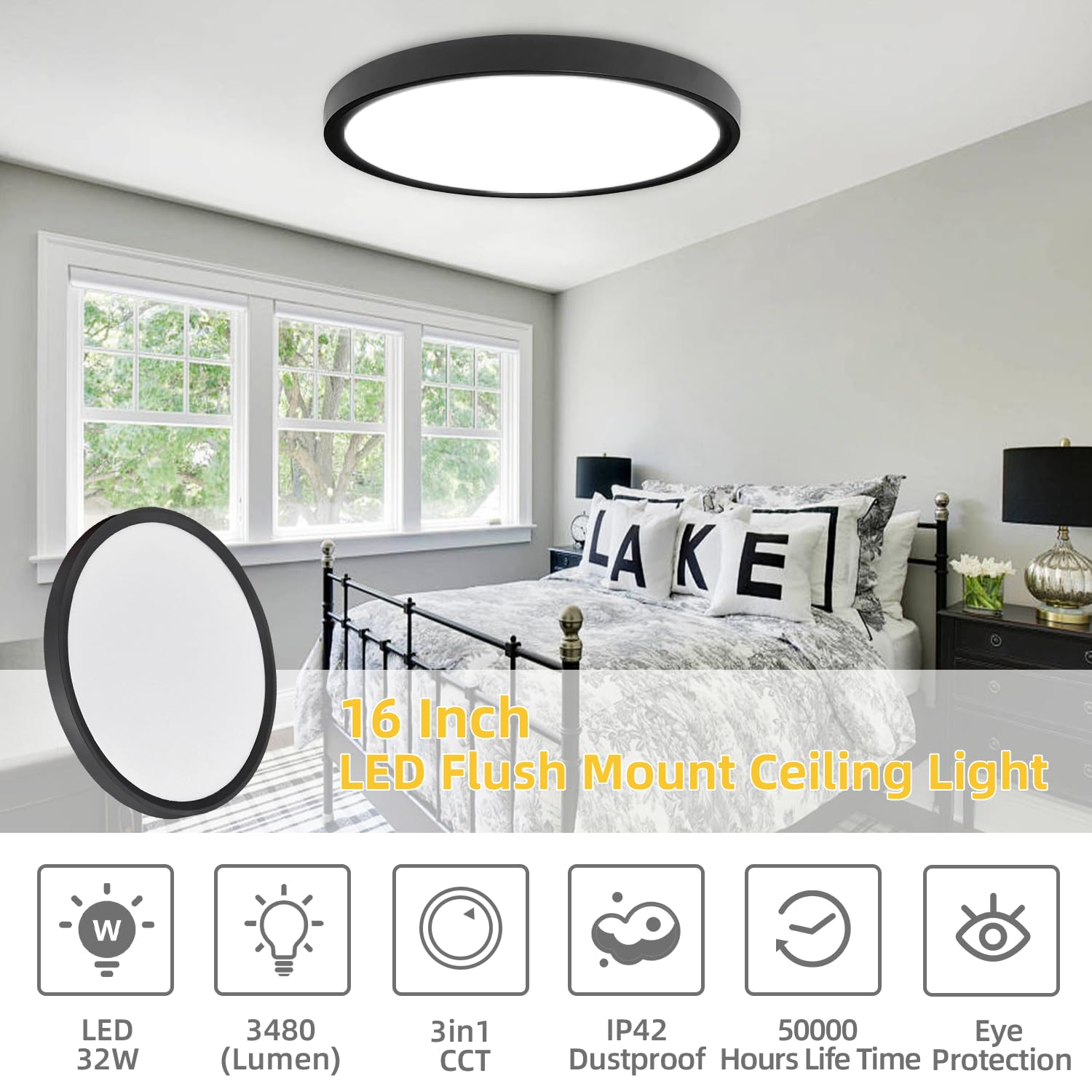 RLEDPZTX Led Flush Mount Ceiling Light 16 Inch 32w 3480lm 3CCT Selectable Black Model LG-SFXDD-16IN-1PK-HS-US