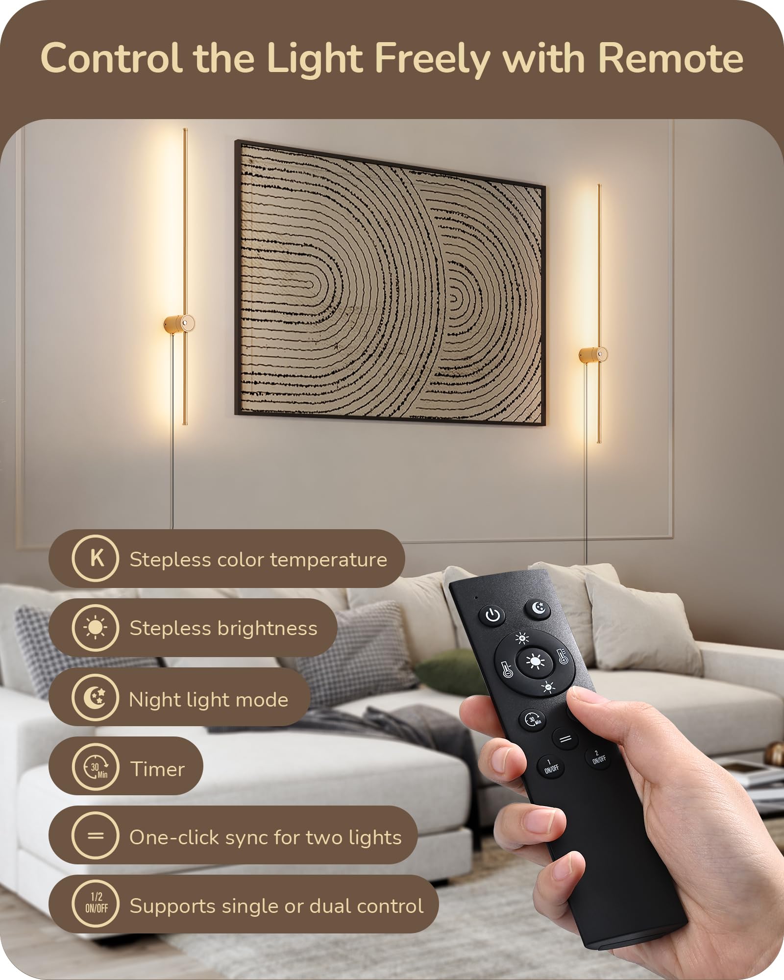EDISHINE Dimmable Wall Sconces Set of Two, 39.4" Touch LED, Gold, 350° Rotation, Model EDISHINE-WS394-TR350