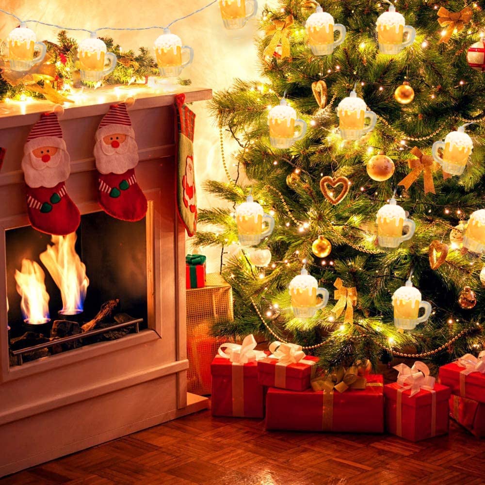 Beer Mug String Lights, 8.5Ft Tropical Beach Theme Outdoor Decorations Beer String Lights With 10 3D Beer Cup Lights, Plug In Beer Fairy Summer Patio Lights For Tropical Party Bar Bedroom Decor