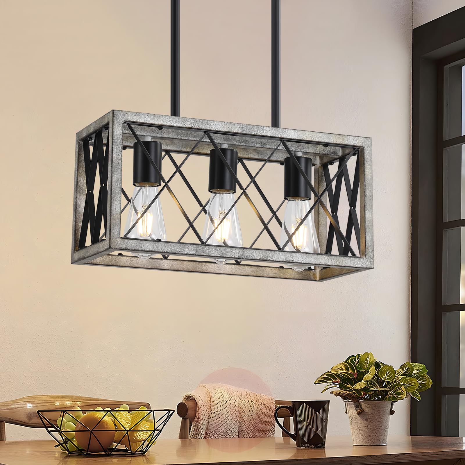 Farmhouse Light Fixtures,3-Light Dining Room Light Fixture,Industrial Metal Kitchen Ceiling Lighting Over Island, Chandelier for