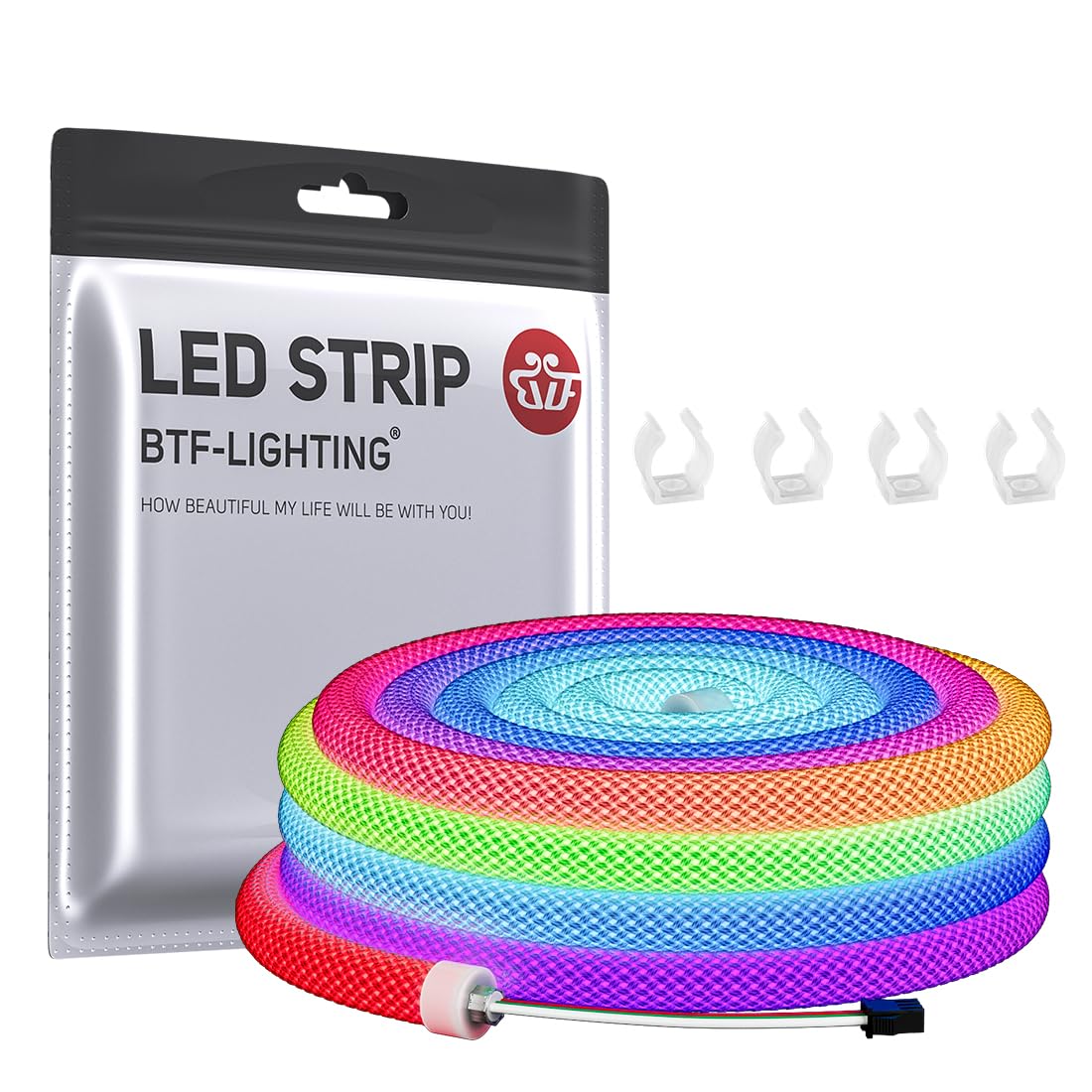 BTF-LIGHTING 6.5FT WS2811 WS2812B IC RGB 360 Degree Round Reticulate Pattern Chasing Color Neon LED Strip Flexible Nylon Silicon