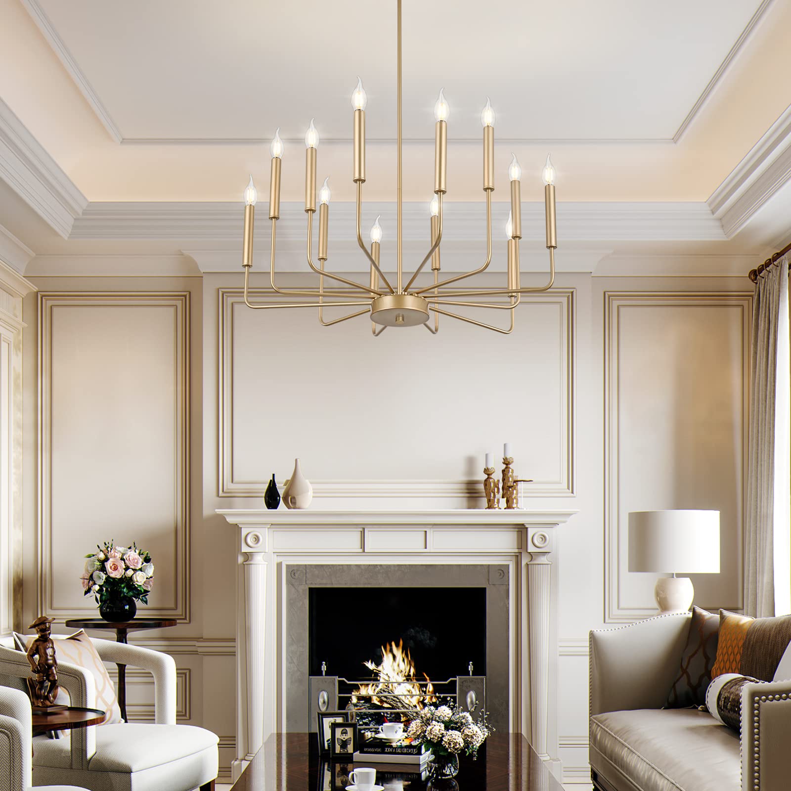 Woknos Modern Gold Farmhouse Chandeliers, 12-Light Industrial Metal Chandelier Lighting, Classic Candle Hanging Pendant Light Fi