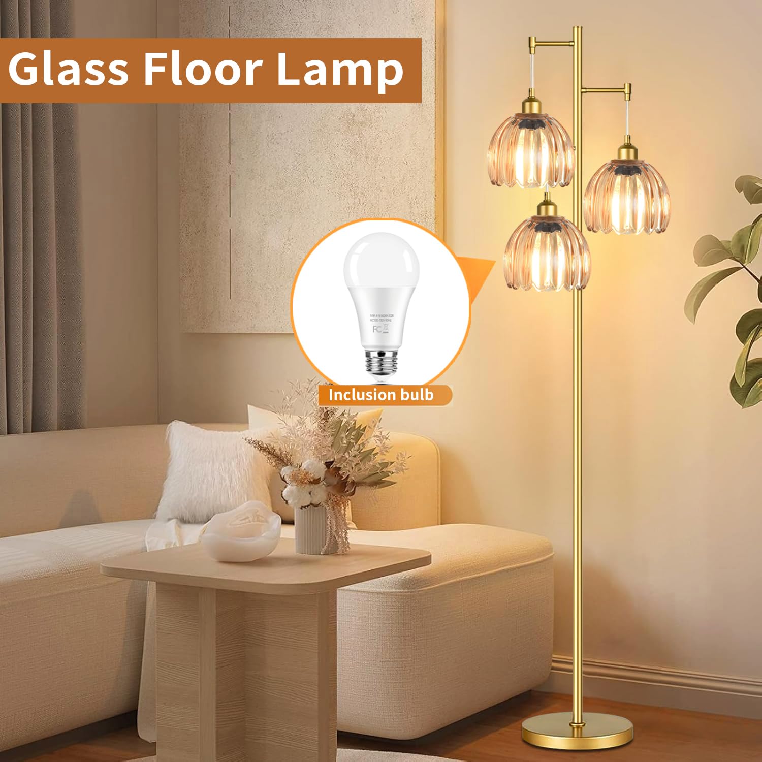 AHDWDW Gold Floor Lamp - 68" Mid Century Modern with 3 Flower Glass Shades, Vintage Iron Standing Lamp for Living Room or Bedroom
