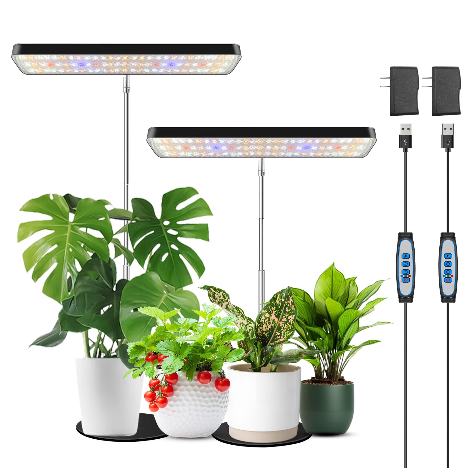 Wiaxulay Full Spectrum Grow Lights, Height Adjustable Desktop Lamp, 3 Modes, 5 Brightness, 2 Pack, Black, Model BL-J10B