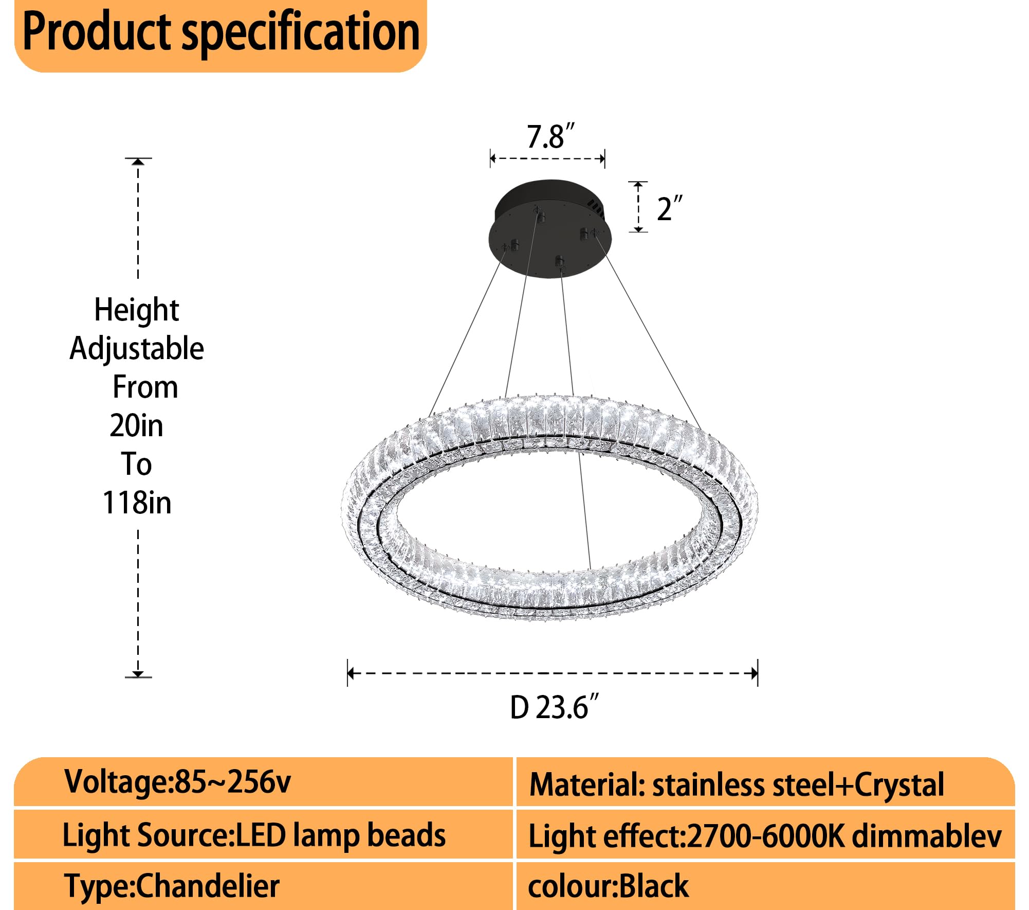 Idequy Modern Black Crystal Chandelier Dimmable Led 23.6'' Ring Pendant Light Adjustable Round Crystal Chandelier Light Fixtures