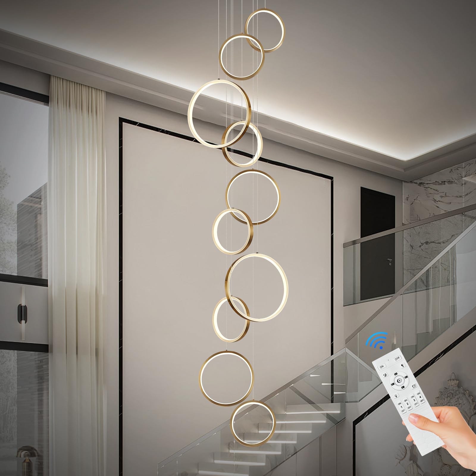 Sparklelf 10 Rings Modern Led Chandelier For High Ceiling Dimmable Gold Contemporary Pendant Light Fixture Long Foyer Chandelier