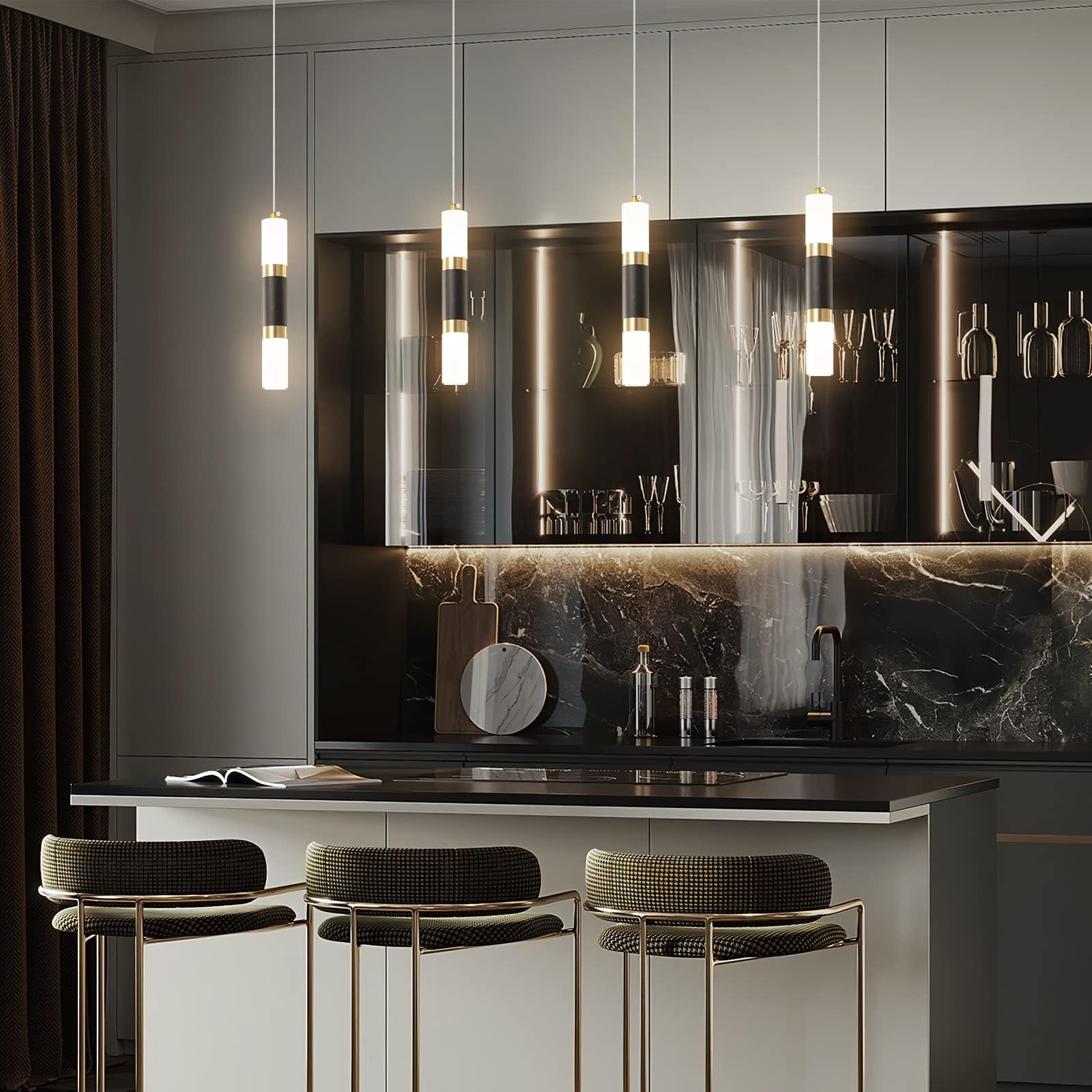 Liangmh Modern Kitchen Island Light Fixture Dimmable Led Black Mini Pendant Light Bedroom Bedside Table Black Gold Small Pendant Lighting (2-Pack)