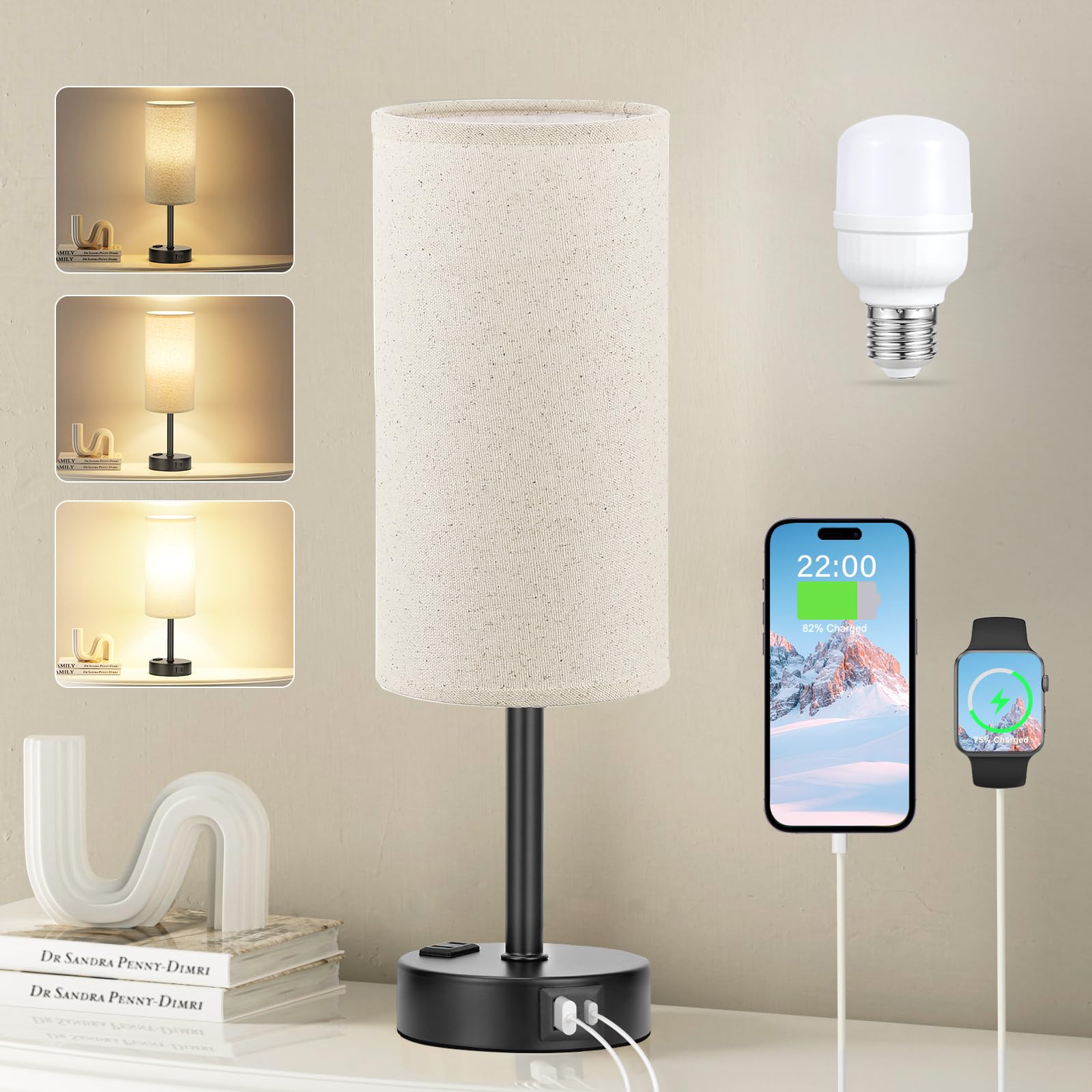 Fenmzee Grey Bedside Table Lamp for Bedroom - 3 Way Dimmable Touch Lamp USB C Charging Ports and AC Outlet, Small Lamp for Livin
