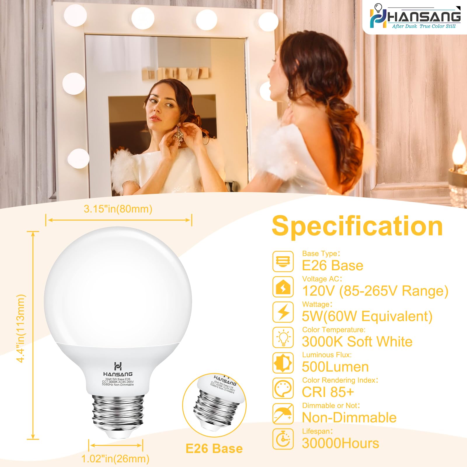 hansang 12 Pack 3000K Soft White LED Globe Bulbs, E26 Base, 60W Equivalent, Non-Dimmable, 500LM for Makeup Mirror & Bathroom