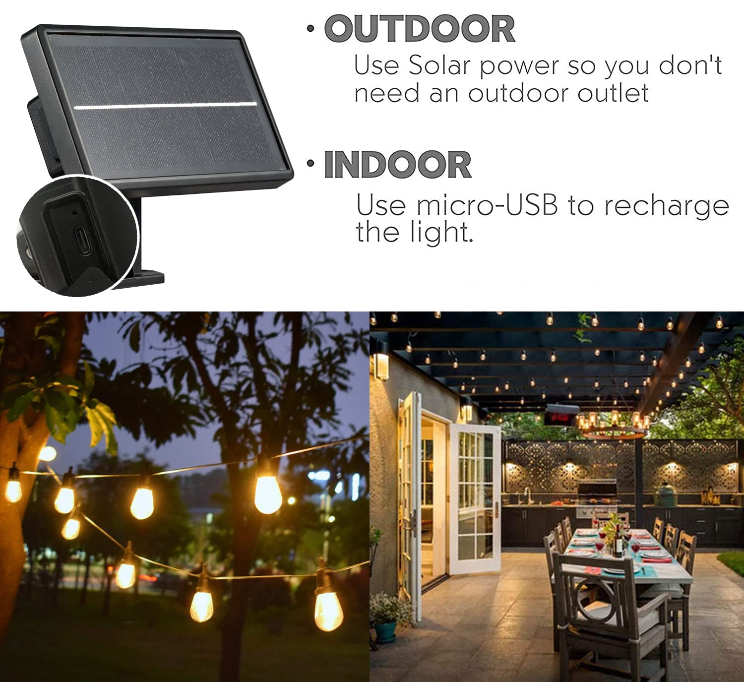 Sunthin 24Ft Solar String Lights, Usb Rechargeable Solar Outdoor Lights With Waterproof & Shatterproof Led Bulbs For Patio, Porc