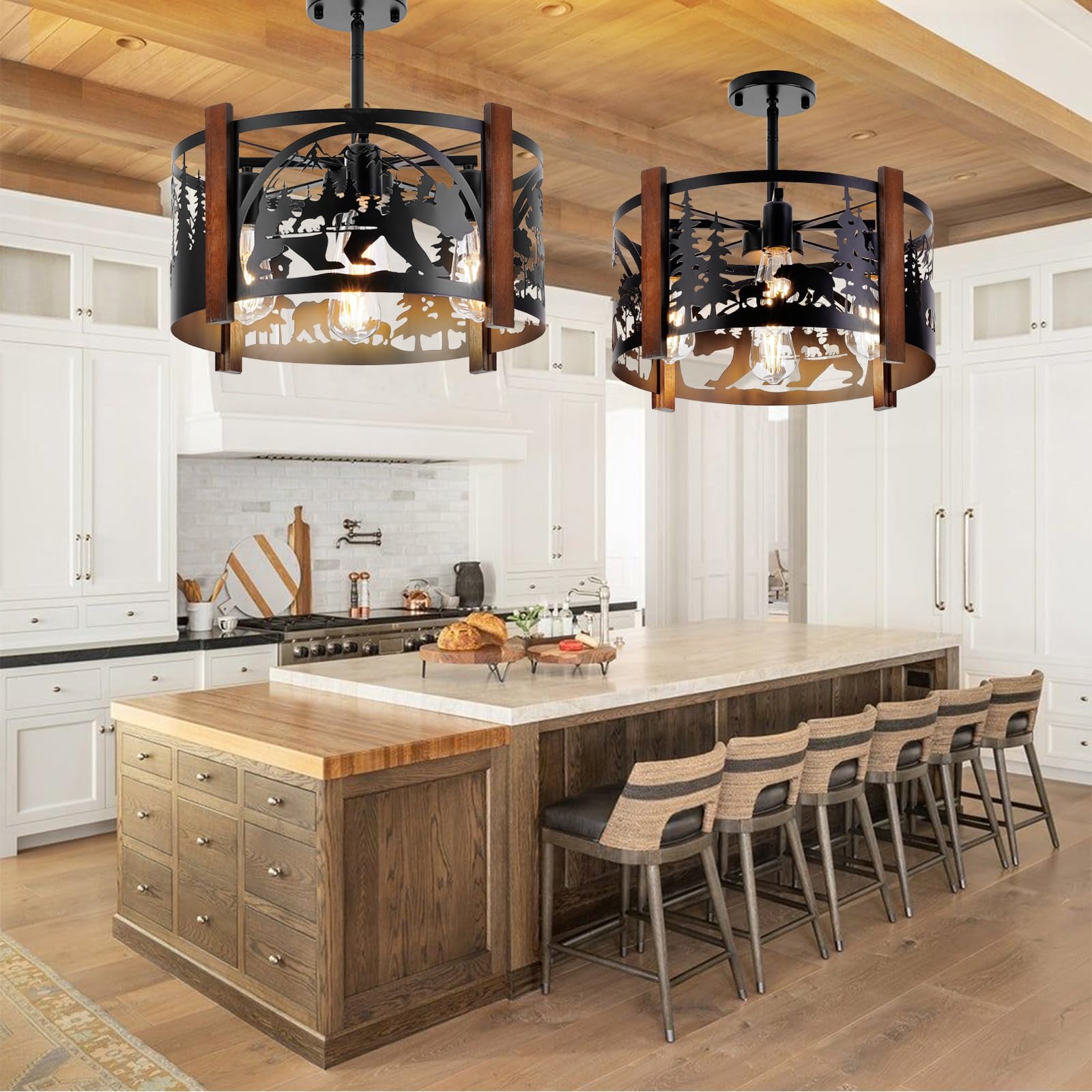 Monyohame Farmhouse Rustic Bear Ceiling Light Fixtures, 4-Light Round E26 Base Black Metal Fixtures Ideal For Kitchen, Living Ro