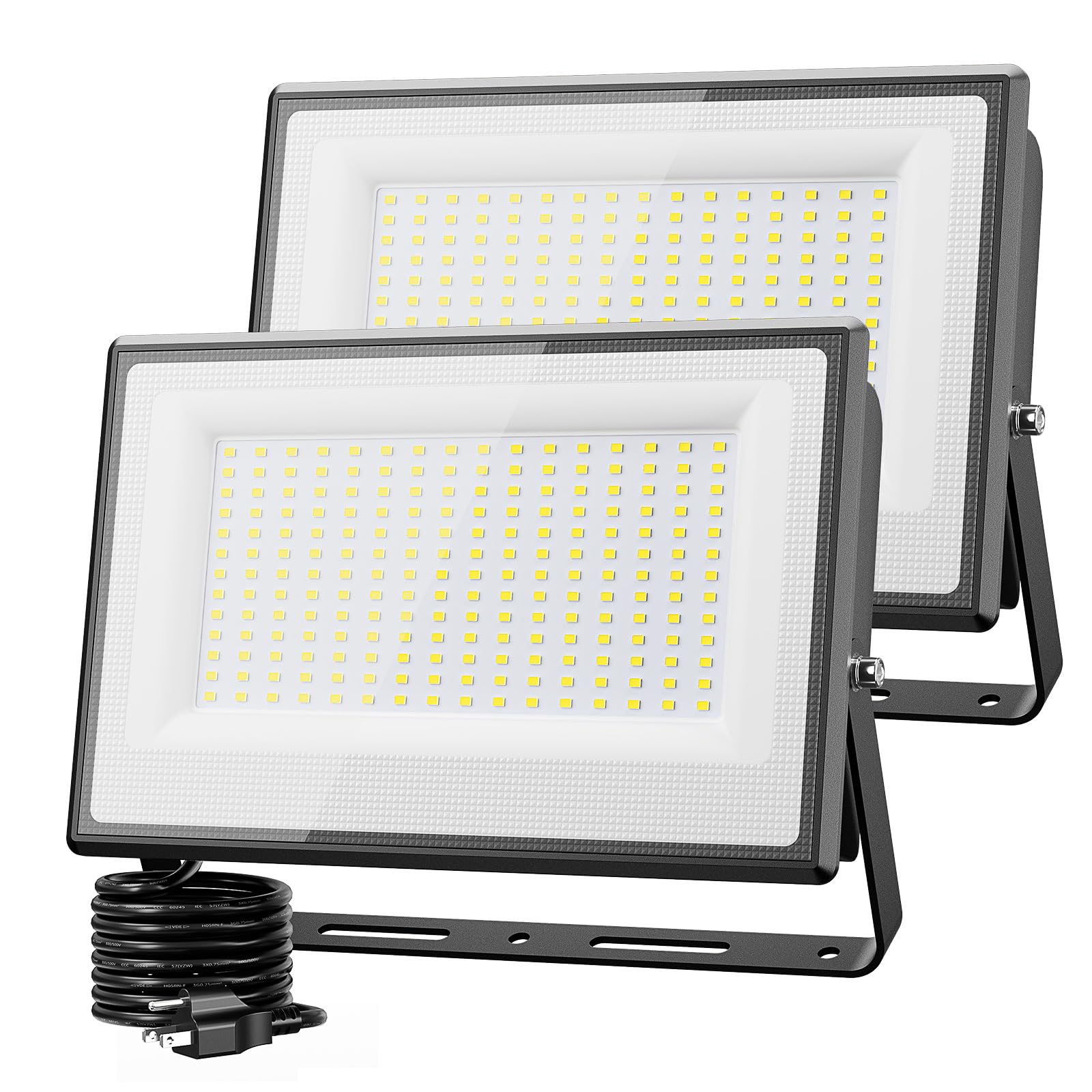 Olafus 2 Pack 200W LED Flood Light Outdoor, 18000LM Super Bright IP66 Waterproof Exterior Security Lights with Plug, 6500K Dayli