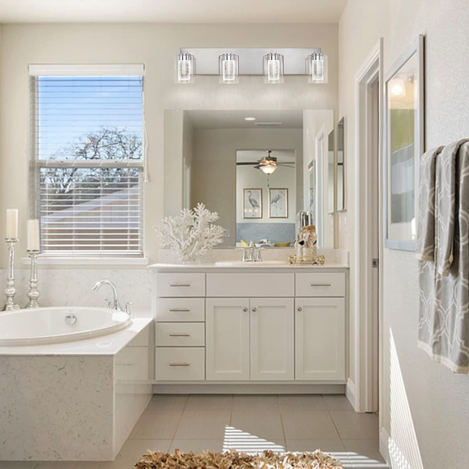 Yenlacy Bathroom Vanity Light, 4-Light Brushed Nickel, Dimmable 3-Color Crystal Bubble Glass