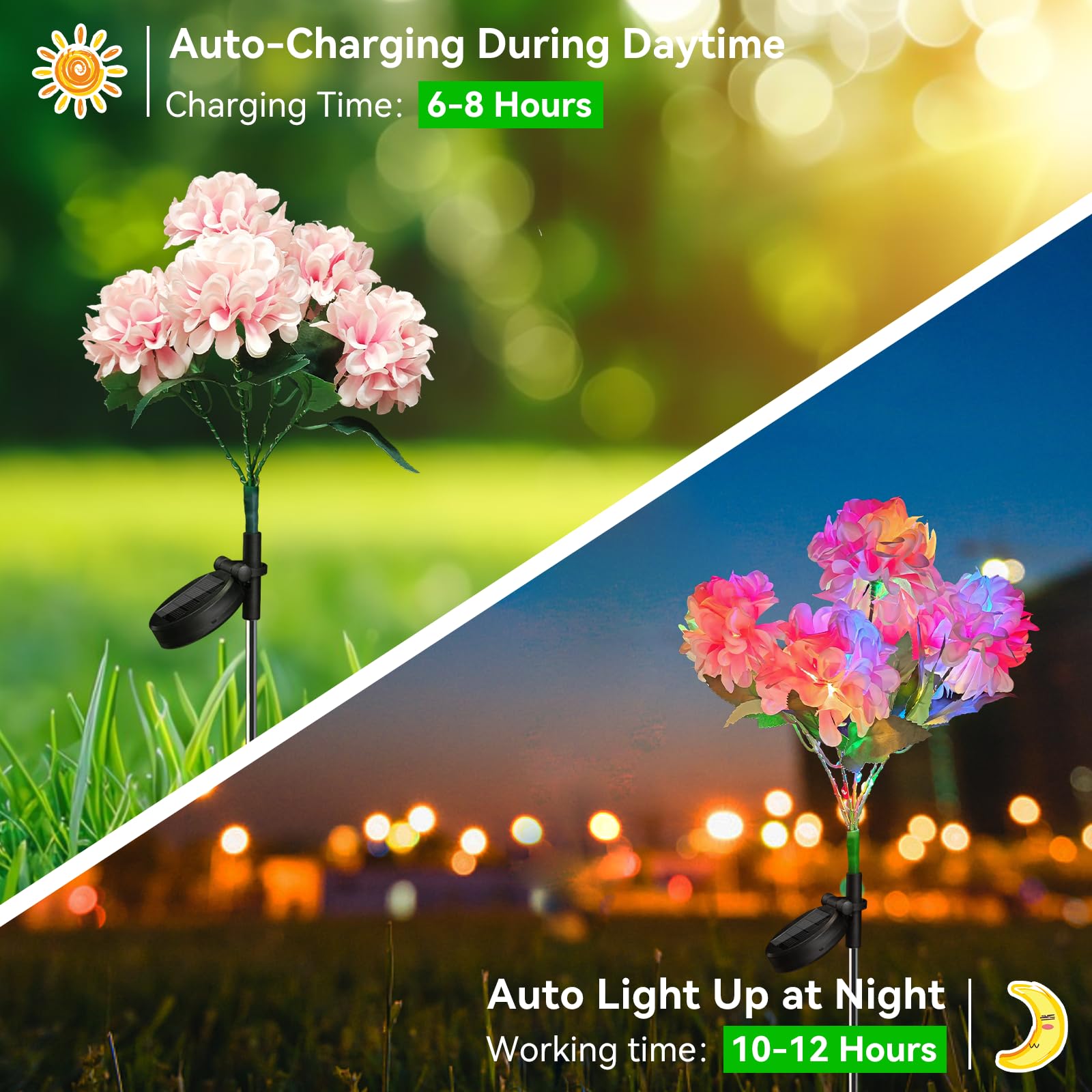 Neporal Solar Flowers - 5-Head Hydrangea Lights, 4-Color, 2 Lighting Modes, Waterproof IP65, 4 Packs, Plastic