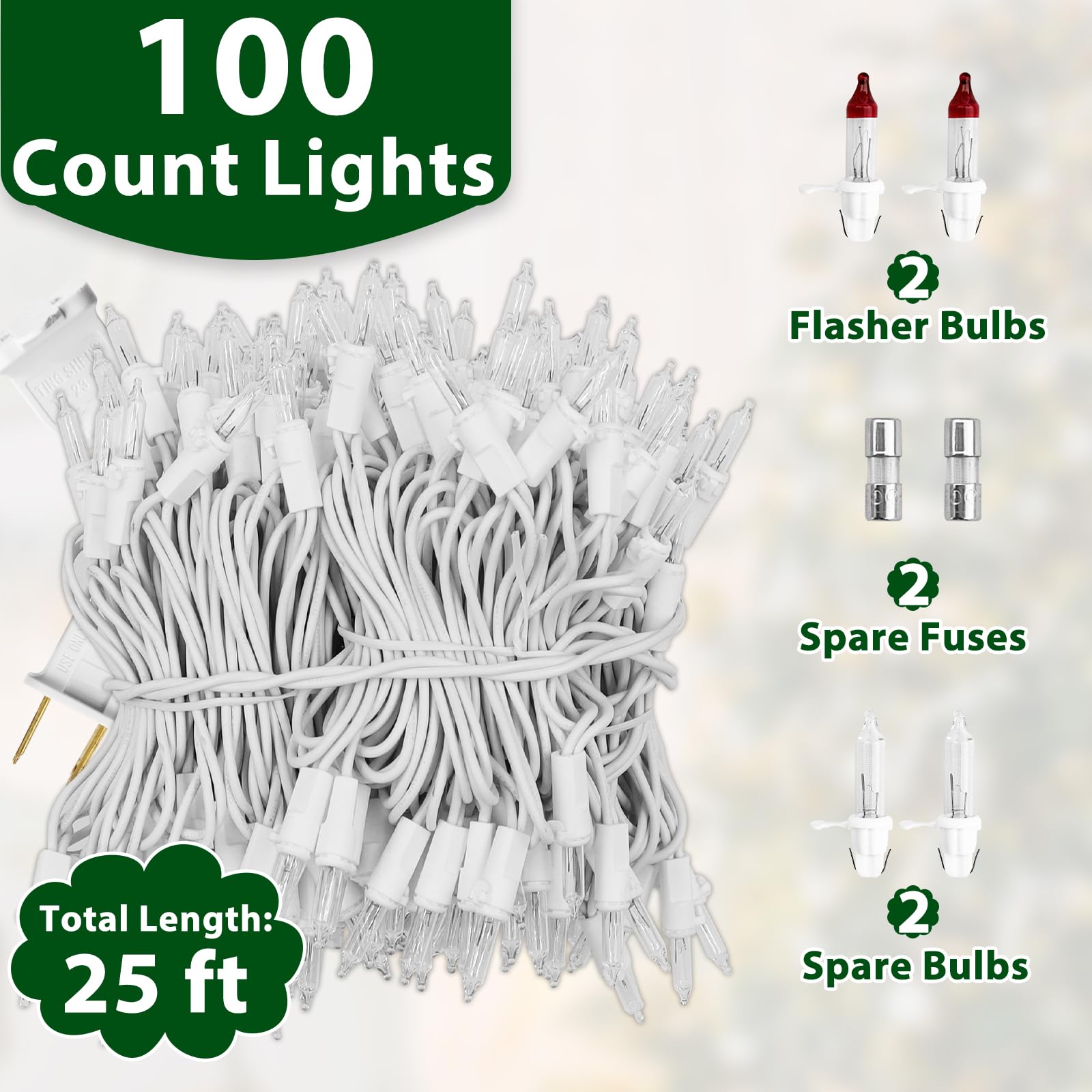 Cxlho Clear Christmas Lights 25Ft 100 Incandescent Bulbs Warm White Mini Lights With White Wire For Christmas Tree, Garland, Tha