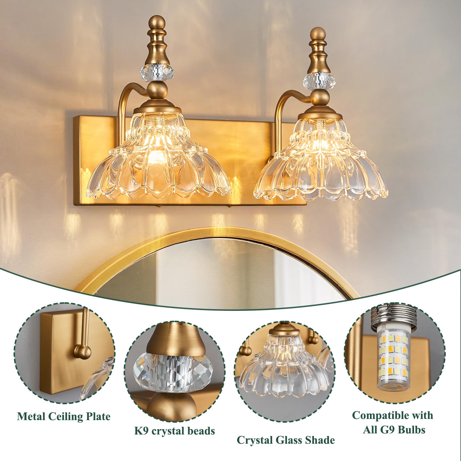 Lbsqj Vintage Bathroom Vanity Light  2-Light Brass Vanity Lighting Fixture With Flower Glass Shade  Bathroom Lighting Fixtures Over Mirror