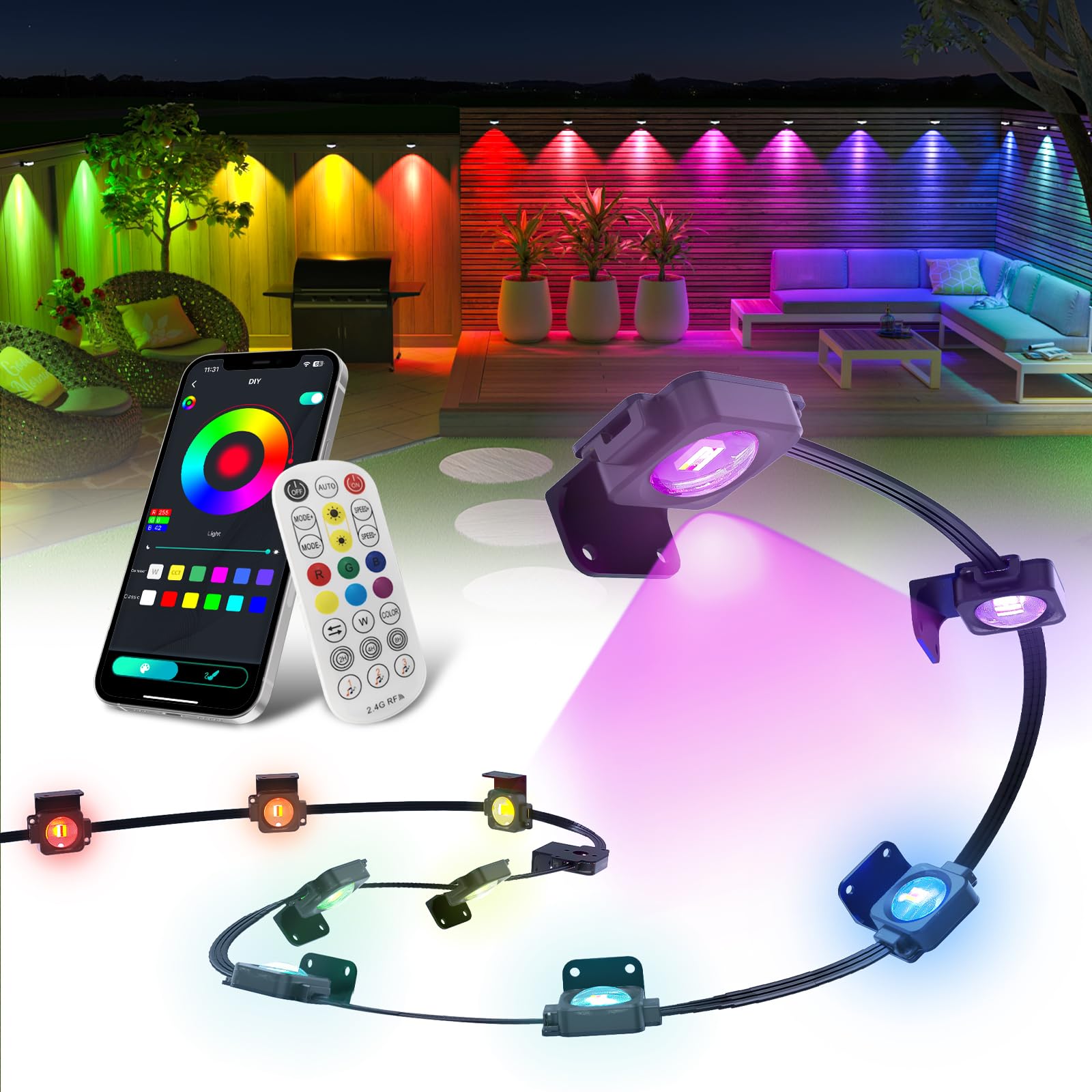 Super RGB Outdoor LED Lights, 33FT 20LEDs, Smart RGB-IC with Remote & App Control, Black PVC for Year-Round Decor