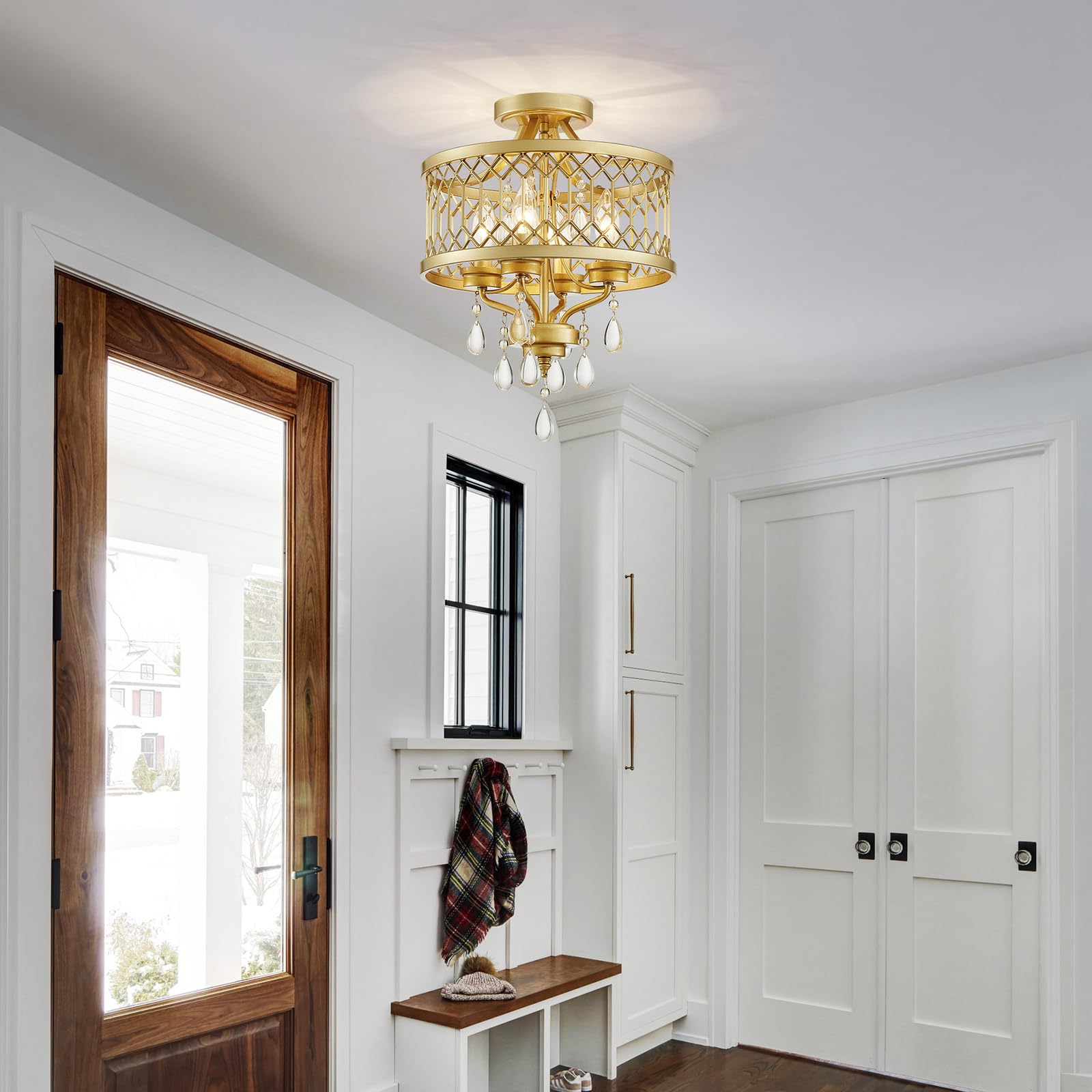 Crystal Ceiling Light Fixture  Farmhouse Semi Flush Mount Ceiling Light  Gold Crystal Chandeliers For Dining Room Light Fixture  Hallway Lighting Fixtures For Kitchen Bedroom Bathroom Foyer Entryway