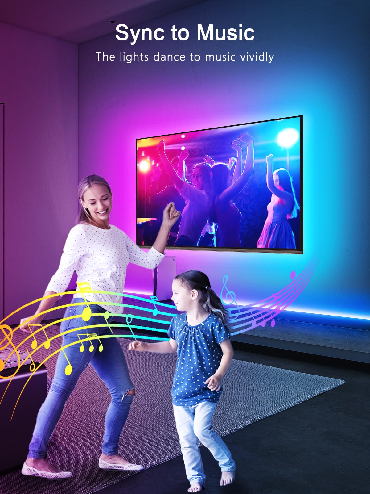 GIPOYENT LED TV Backlight, 16.4FT, RGB Color Changing, Music Sync, Bluetooth for 45-75 Inch TVs