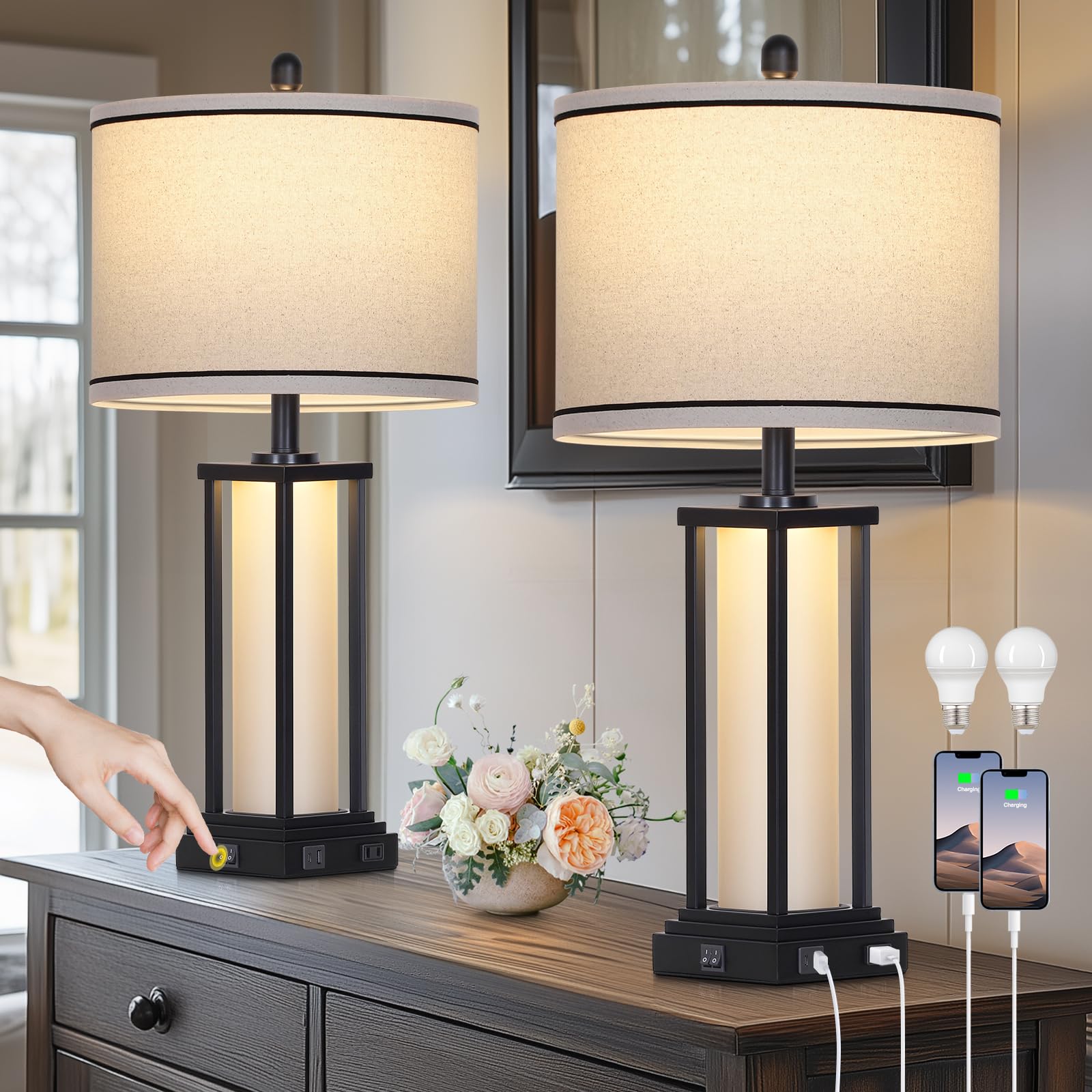 27 Tall Vintage Table Lamp Set of 2 with USB C+A & Outlet Black Industrial End Table Lamp for Living Room Farmhouse Rustic Bedside Lamps with Frosted Glass Night Light for Bedroom Nightstand Black
