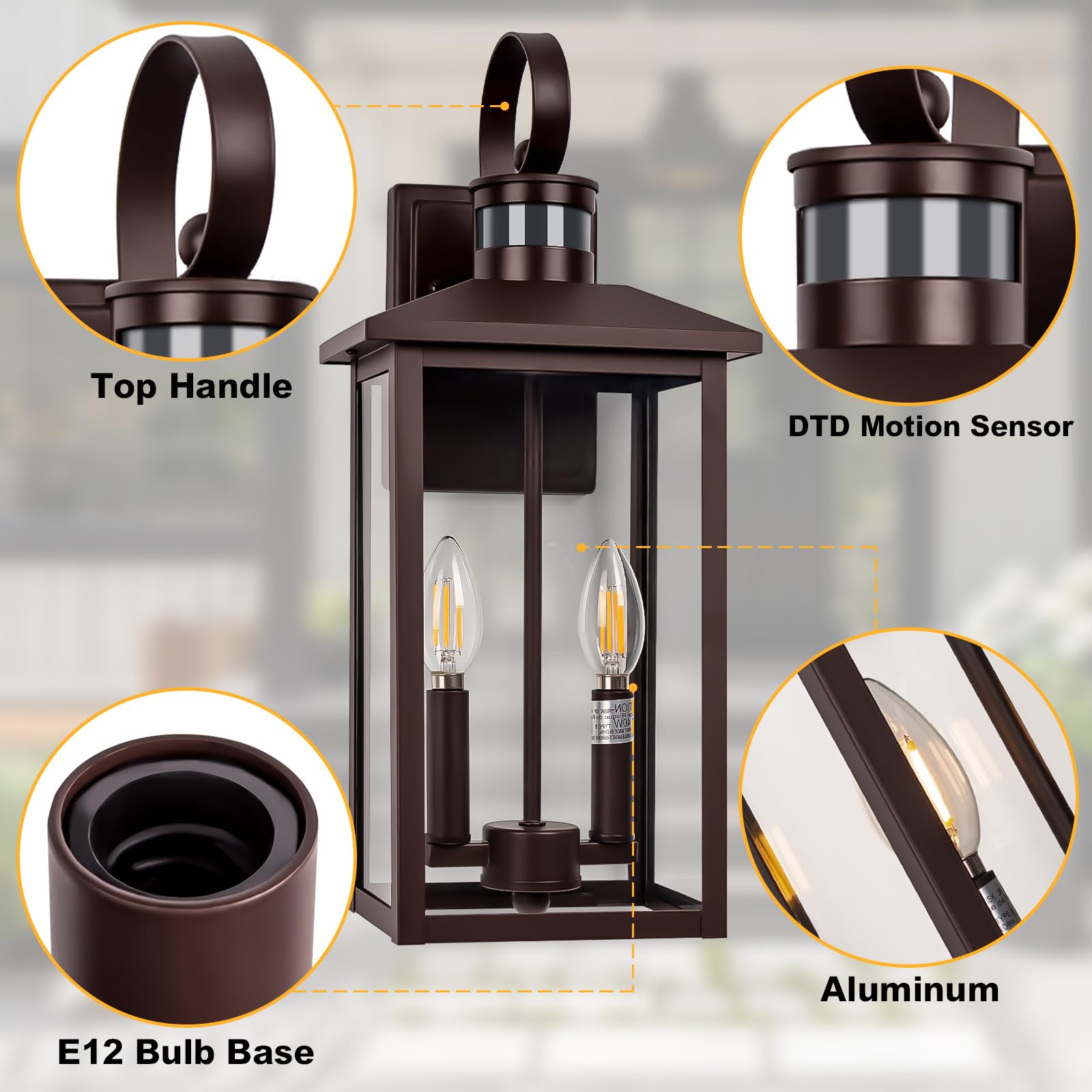 Large Exterior Light Motion Sensor, 18" Bronze Dusk To Dawn Outdoor Light, 2-Light Brown Outdoor Light Fixture, Aluminum Outdoor Dusk To Dawn Light With E12 Socket For Porch, House, Door, Garage