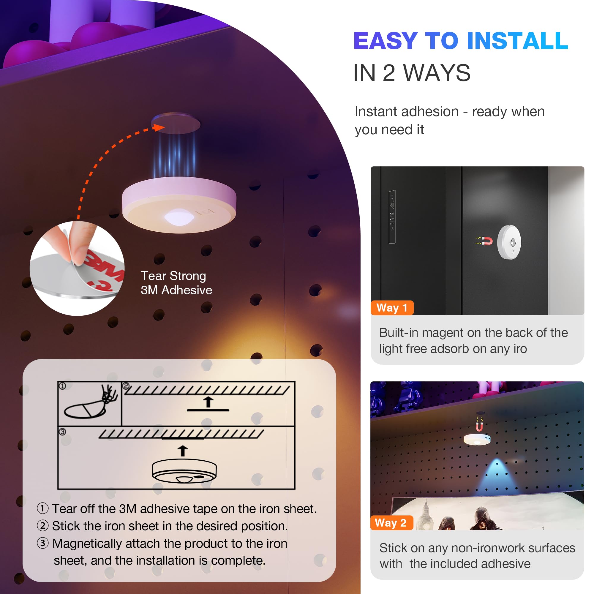 MICLIONLED RGB Puck Lights, Remote Control, 2000mAh Battery, 9 Colors, Magnetic Stick-on, Model M3-GB18, White, 5 Pack