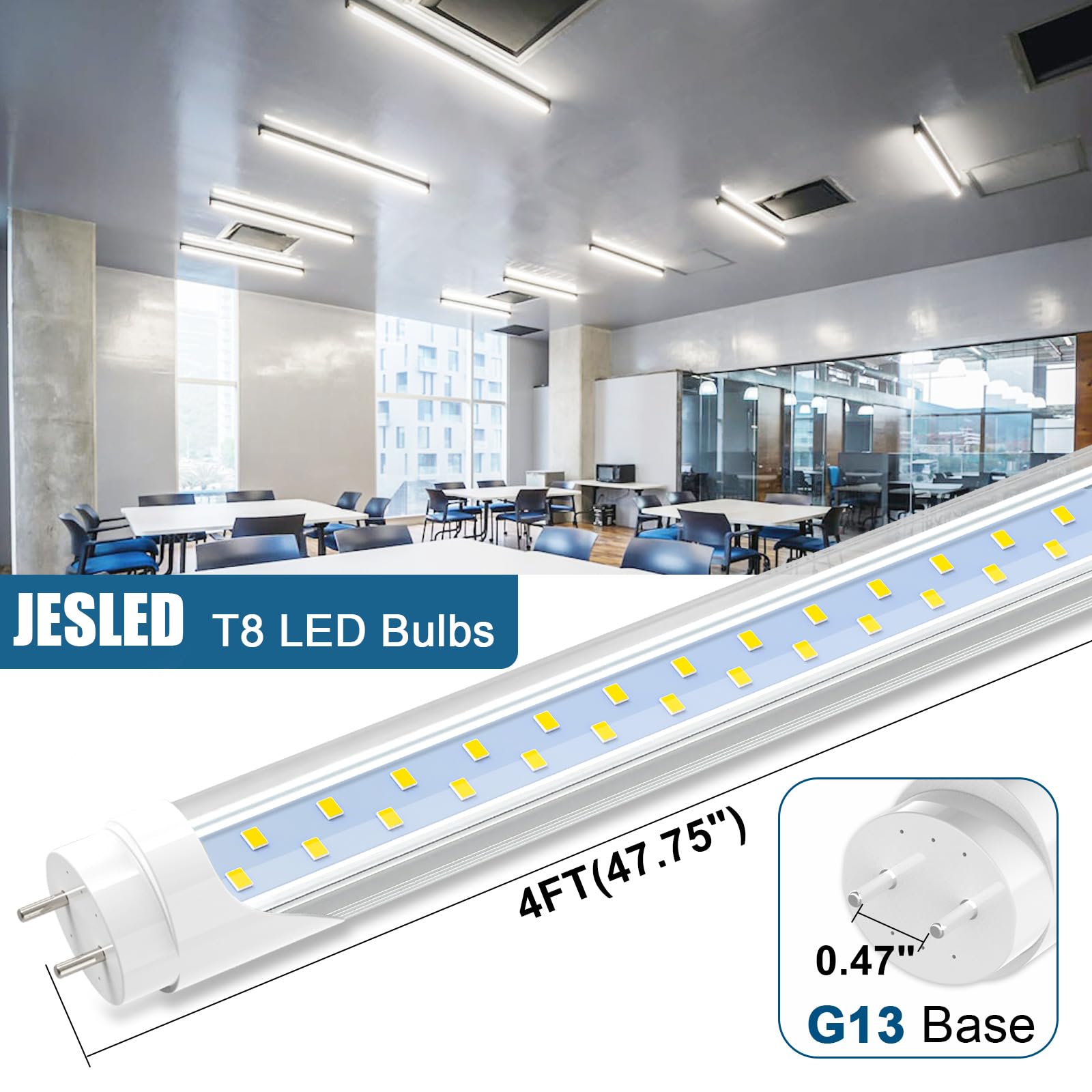 JESLED 4FT LED T8 Tube Lights, 24W (65W Equivalent), 3200LM, 6000K, Plug and Play/Ballast Bypass, 4