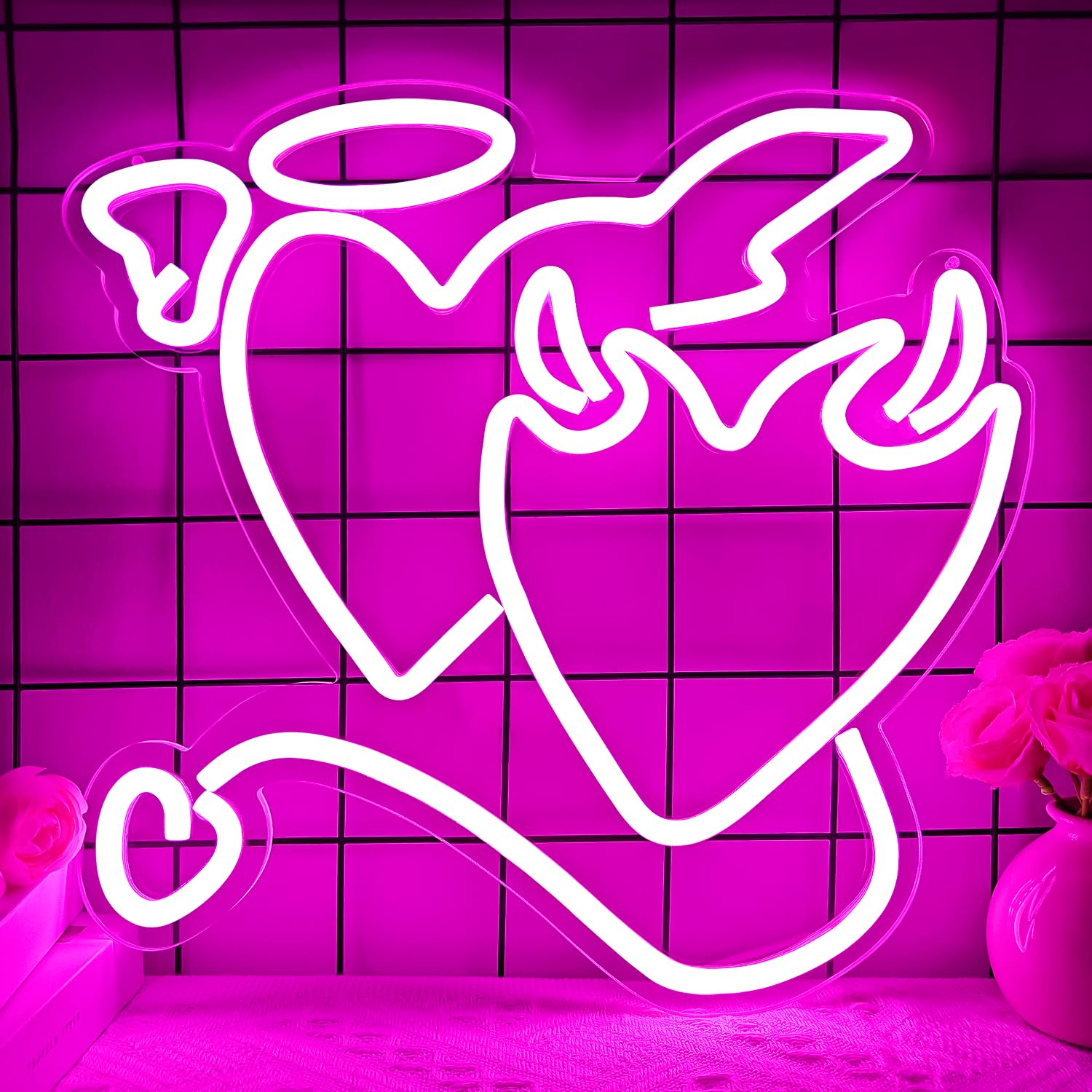 Ajoyferris Pink Heart LED Neon Sign - Acrylic Love Light for Bedroom, Wedding Decor, 14in x13in 