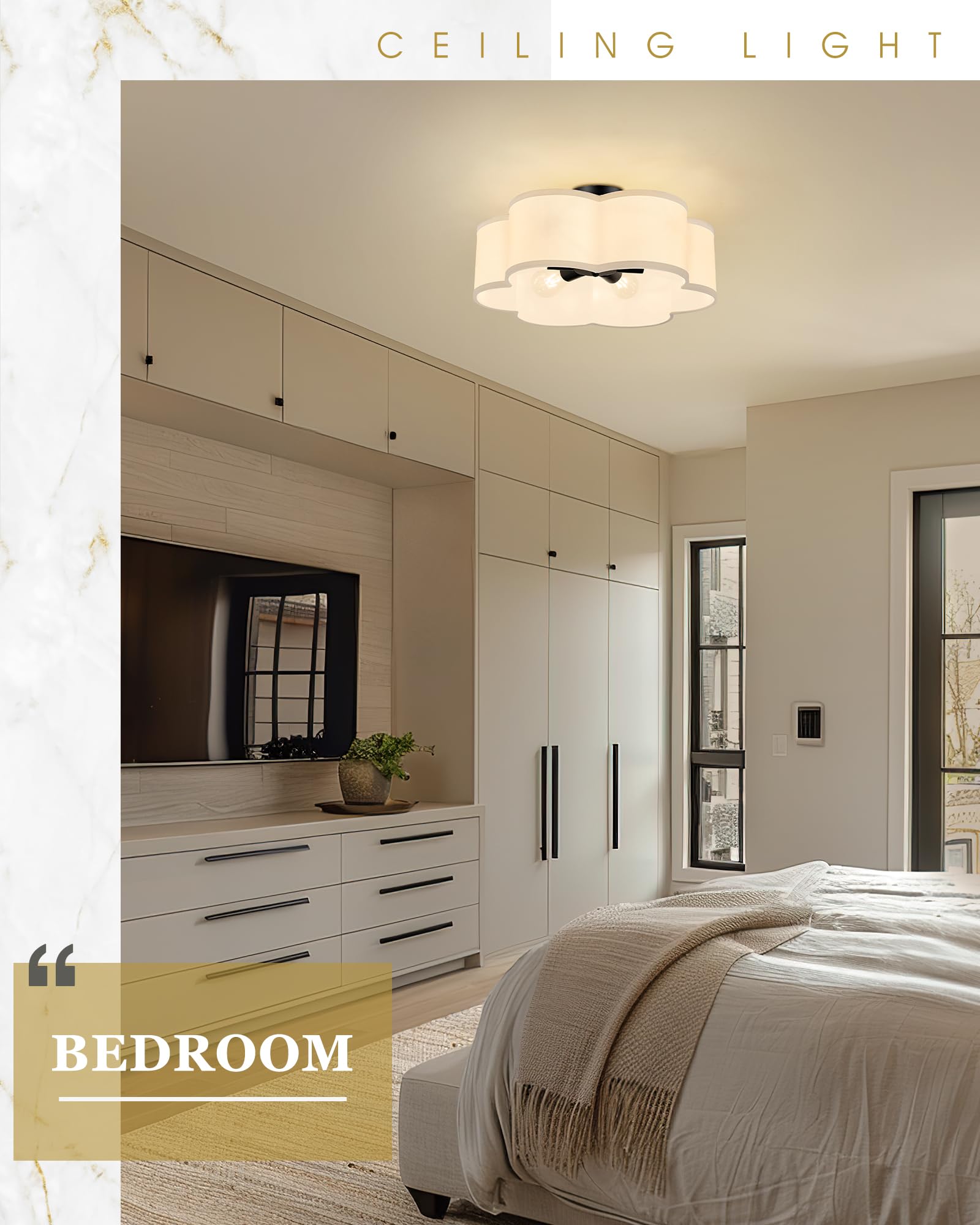 Audickic Black Semi Flush Mount Ceiling Lights, 6-Light 18Inch Ceiling Light Fixtures With Fabric Drum Shade In Flower Shape For