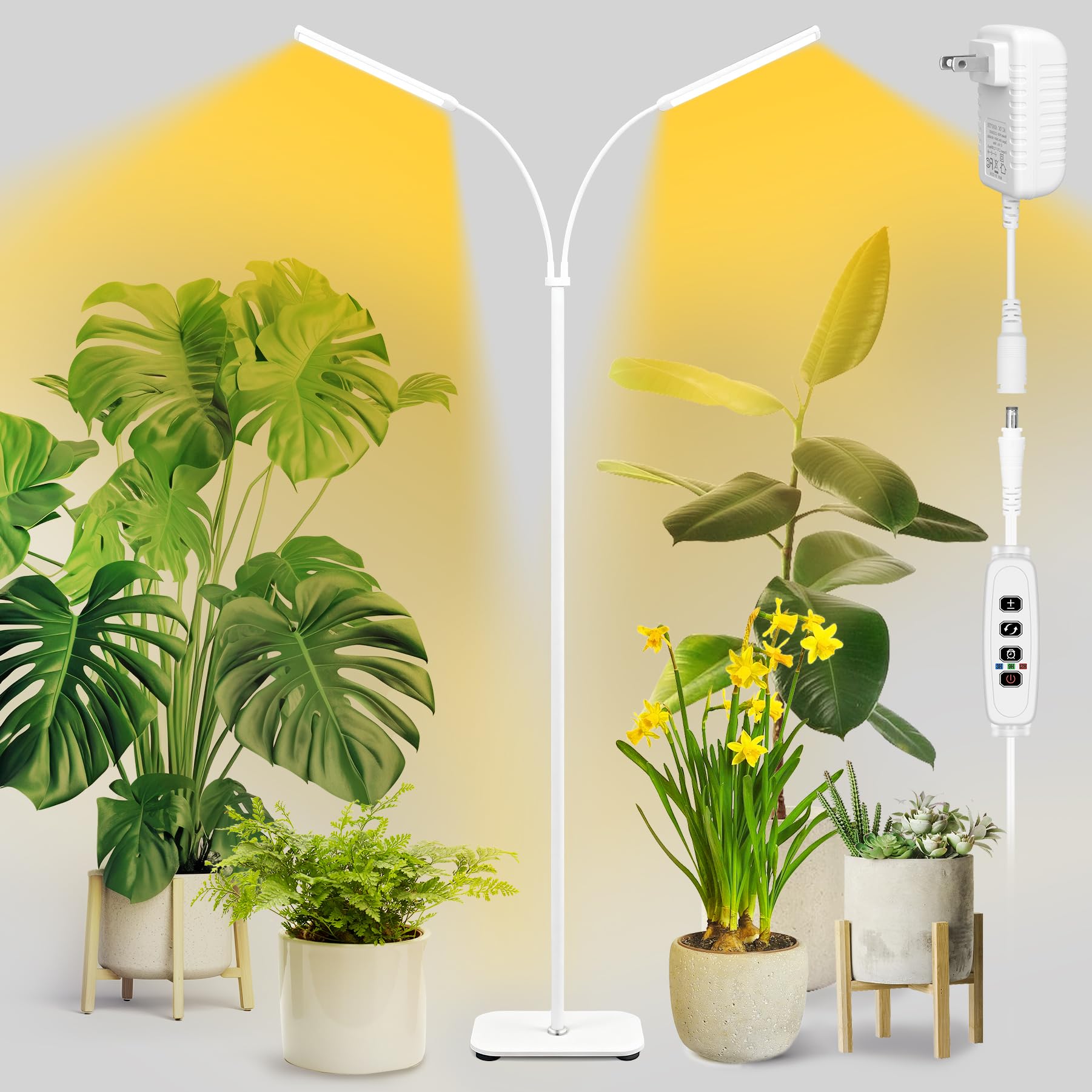 MistyJungle Plant Grow Light for Indoor, Full Spectrum Dual Heads Grow Light, 66.5in Extendable Stand,144 LEDs,10-Level Dimmable