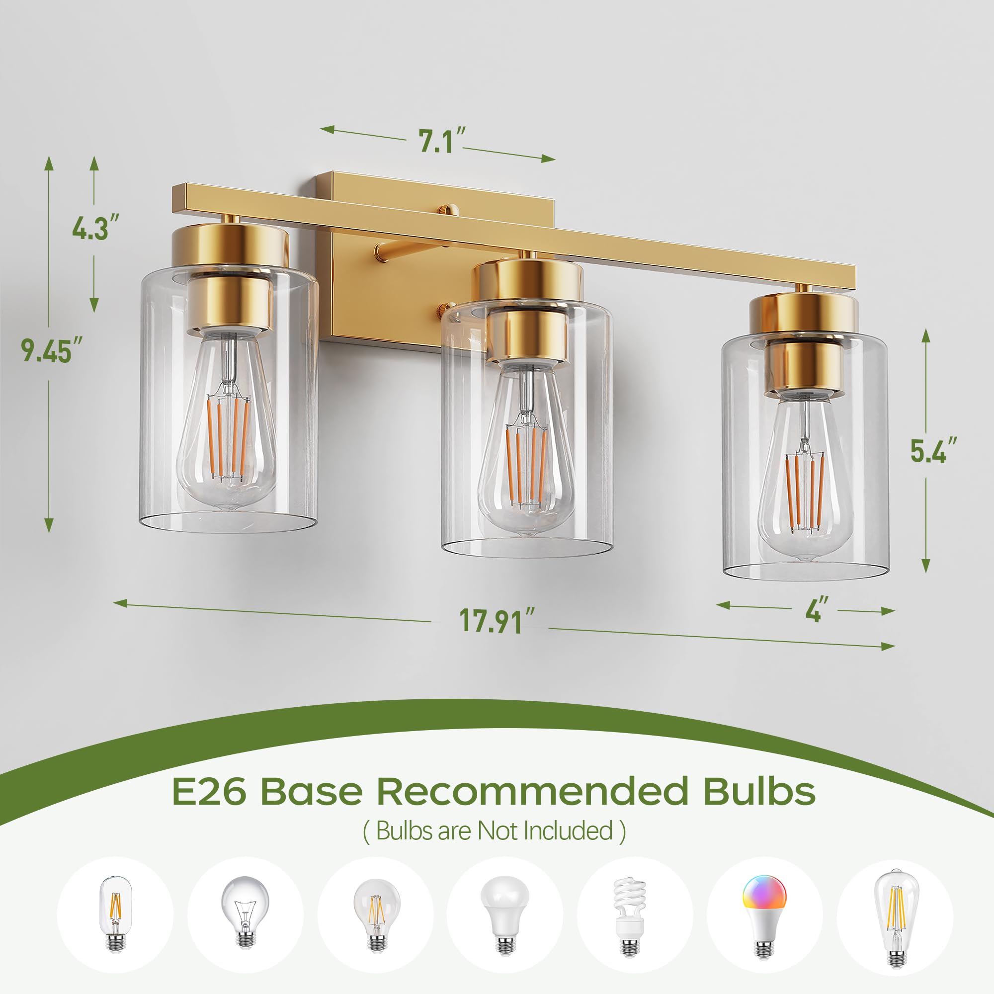 Partphoner 3-Light Bathroom Light Fixtures  Brushed Gold Vanity Light With Clear Glass Shade  Modern Wall Sconce For Mirror Bedroom Living Room Hallway Lighting