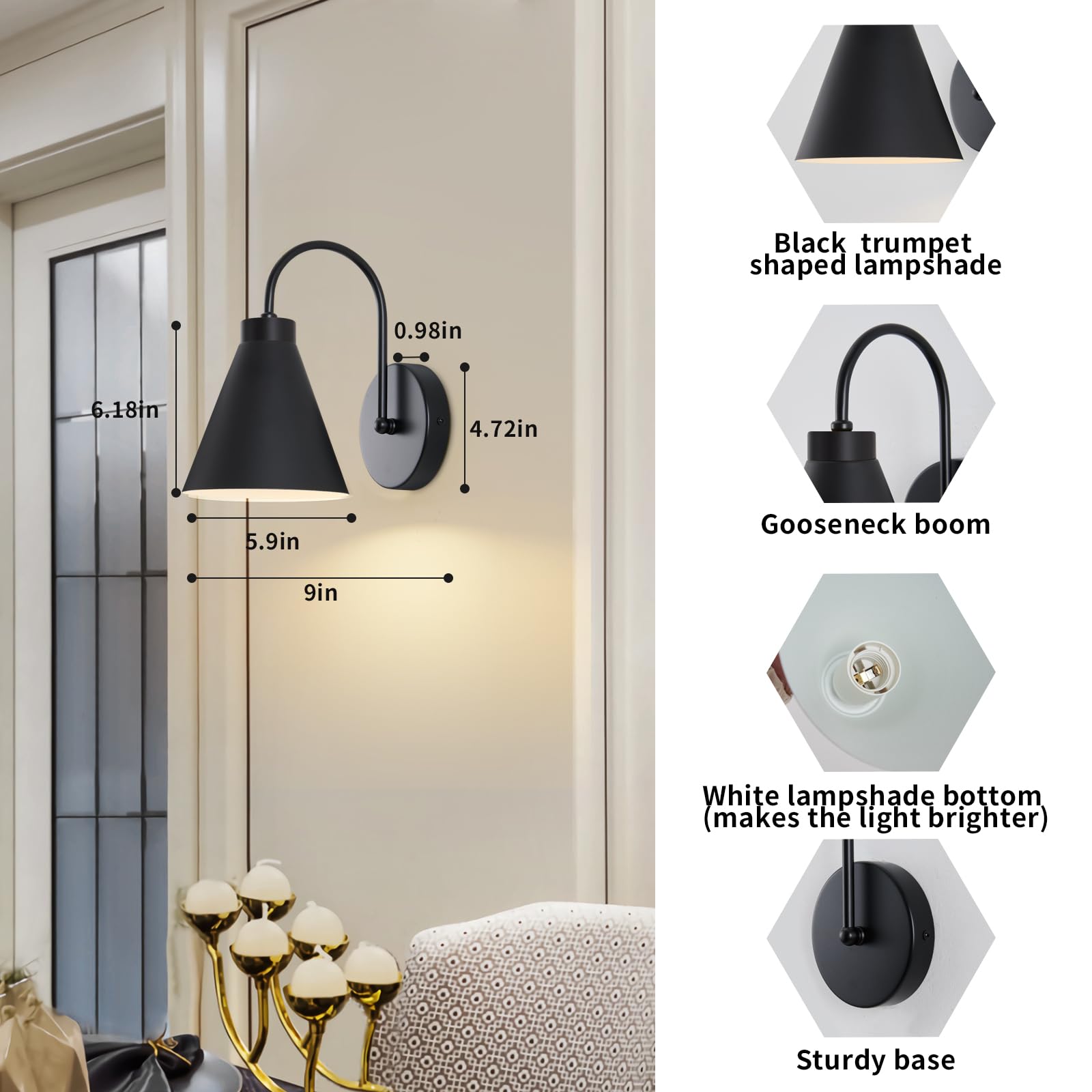 Powfloven Vintage Cordless Gooseneck Battery Operated Wall Sconces Set Of 2, Black Bedside Battery Powered Wall Decor Lamps With