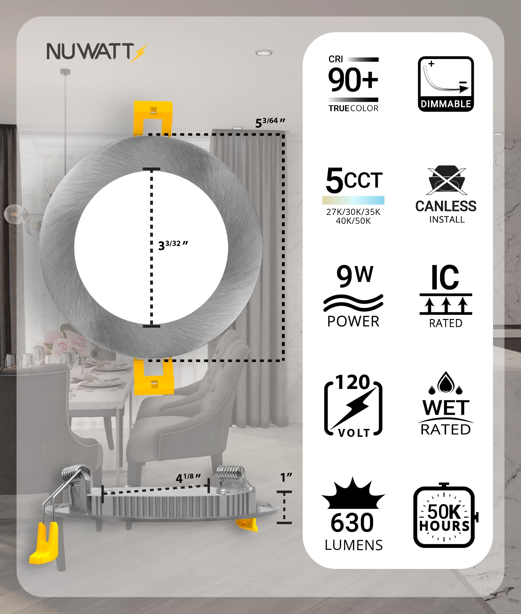 Nuwatt 6 Pack, 4 Inch Ultra-Thin Recessed Led Lights Brushed Nickel, 5Cct 2700K/3000K/3500K/4000K/5000K Selectable, 630Lm, 9W, Ic Rated, Dimmable, Canless Downlight With Junction Box, Energy Star, Etl