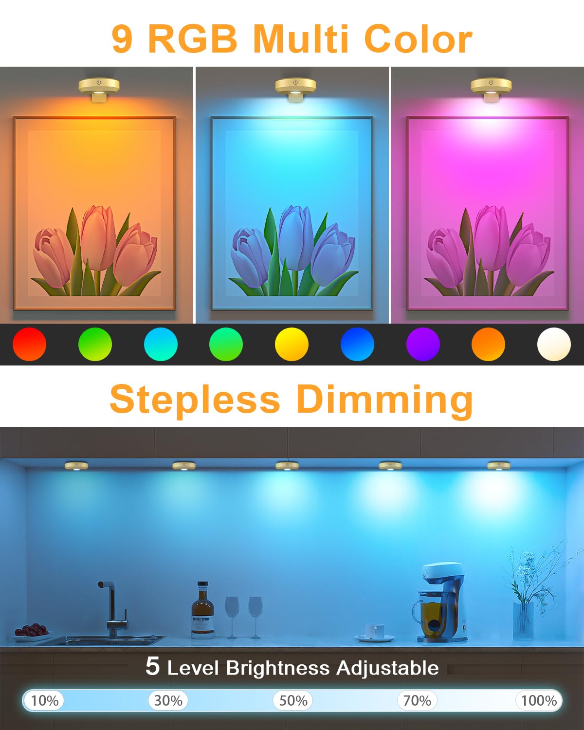WILLED Poster Lights, RGB Art Display Lighting, Rechargeable Wireless, Model WUS-049, Gold RGB, Wide Beam