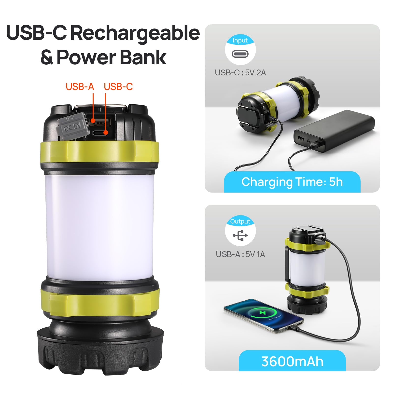 Consciot LED Camping Lantern Flashlight - 3600mAh, Rechargeable, IPX4 Waterproof, Light Green, 1 Pack, Model AOL007-US