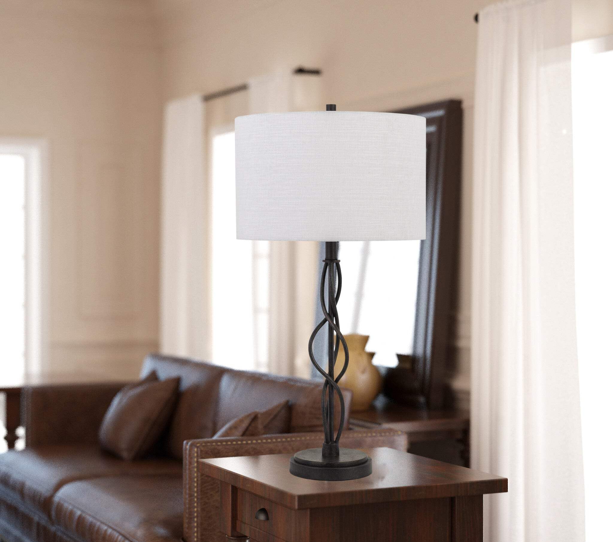 HomeRoots Metal Table Lamp 30 in. with Off White Drum Shade, Model 524701, Bronze Finish