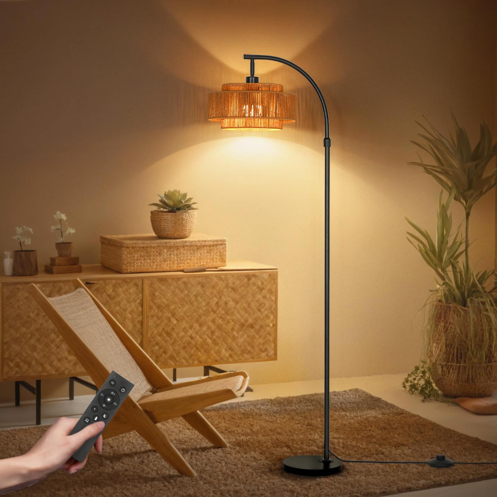 CASENKE Boho Rattan Floor Lamp: 70 Arc Tall Lamps with Remote and APP Control - Standing Black Floor Lampara with Dimmable LED B