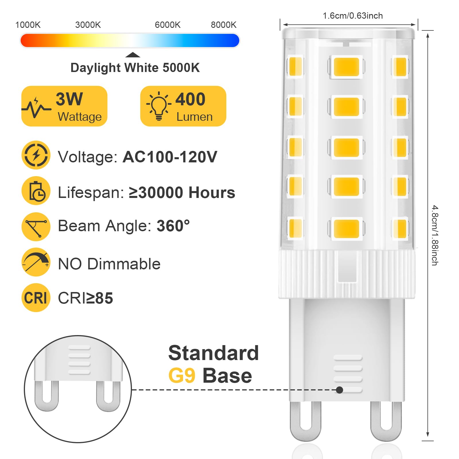 Topleder G9 Led Bulb Daylight 3W, 5000K Non-Dimmable, 30 Watt T4 G9 Halogen Equivalent, 120V No-Flicker, Chandelier Lighting 400