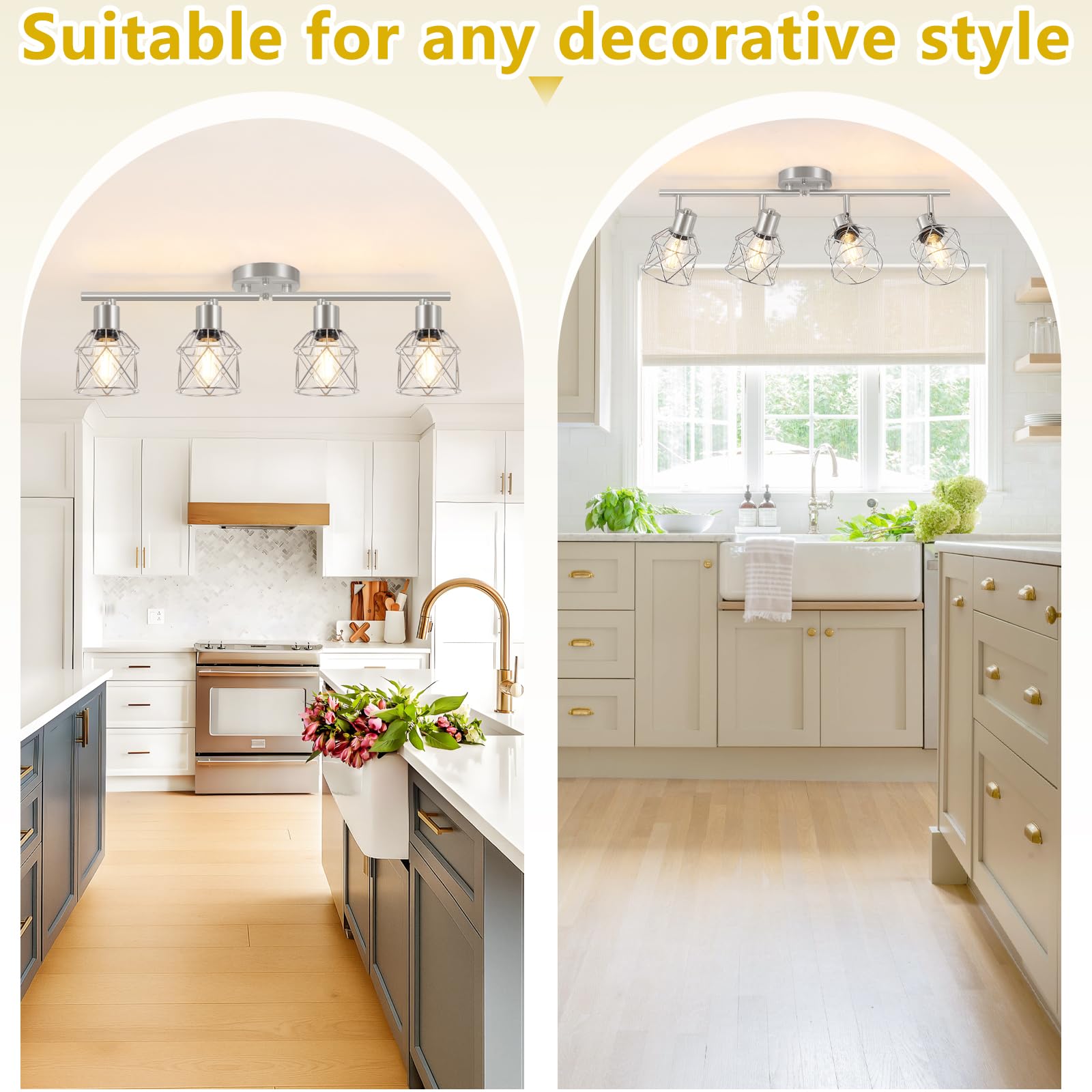 Baocuz 4-Light Kitchen Lighting Fixtures  Adjustable Multi-Directional Brushed Nickel Track Ceiling Light  Semi Flush Mount Ceiling Spotlight With Wire Cages For Living Room  Bedroom  Hallway