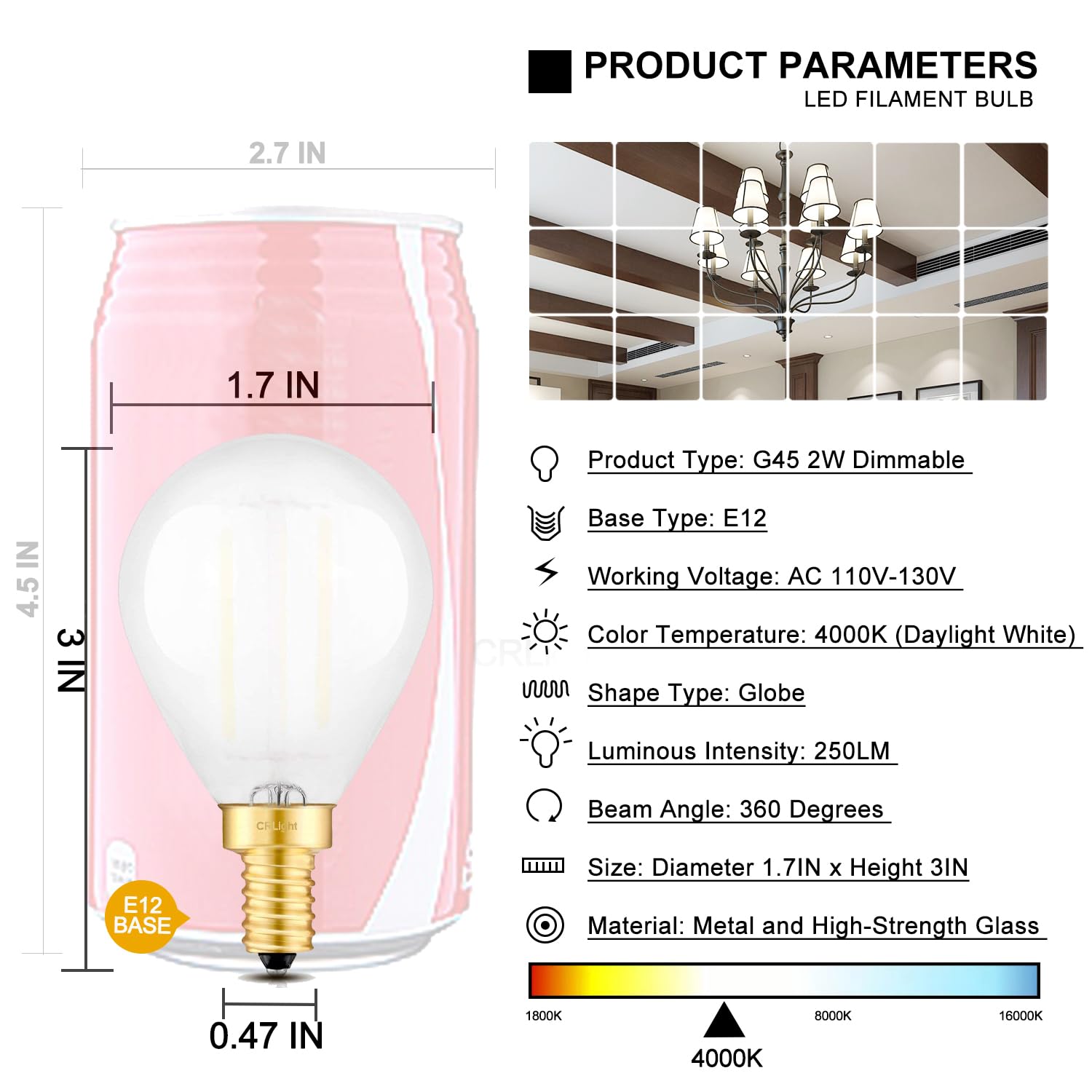 Crlight 2W Led Candelabra Bulb, 4000K Daylight White, Dimmable, E12,
