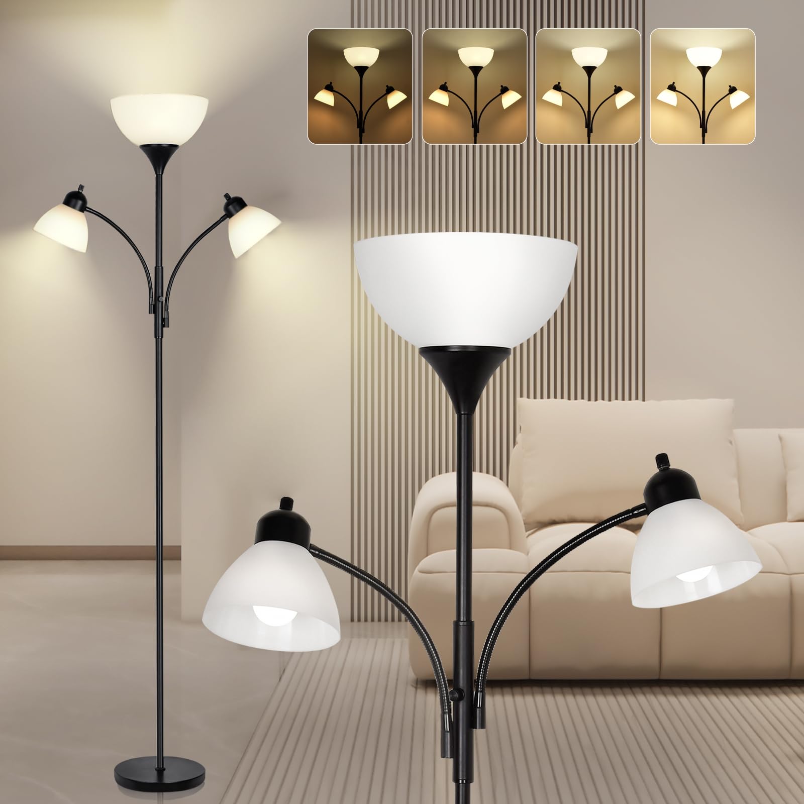 RISLG Floor Lamps for Living Room,Standing Lamp with Stepless Dimming, 3 Lights Adjustable Reading Lights, Morden Tall Lamps for