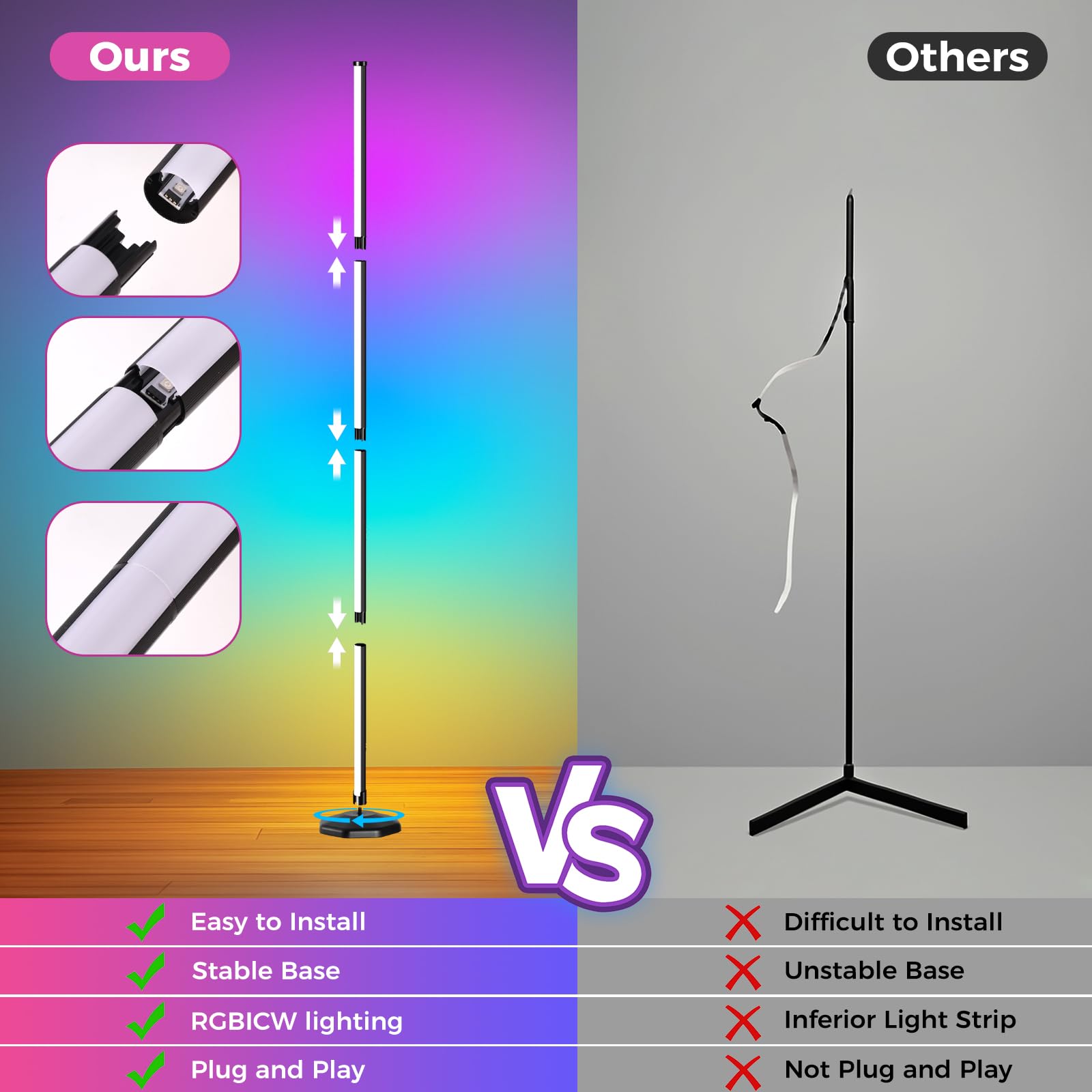 DomeStar Smart RGB Corner Floor Lamp, Alloy Steel, Medium, Multi Color, Model HR4031943, Music Sync, Remote Control