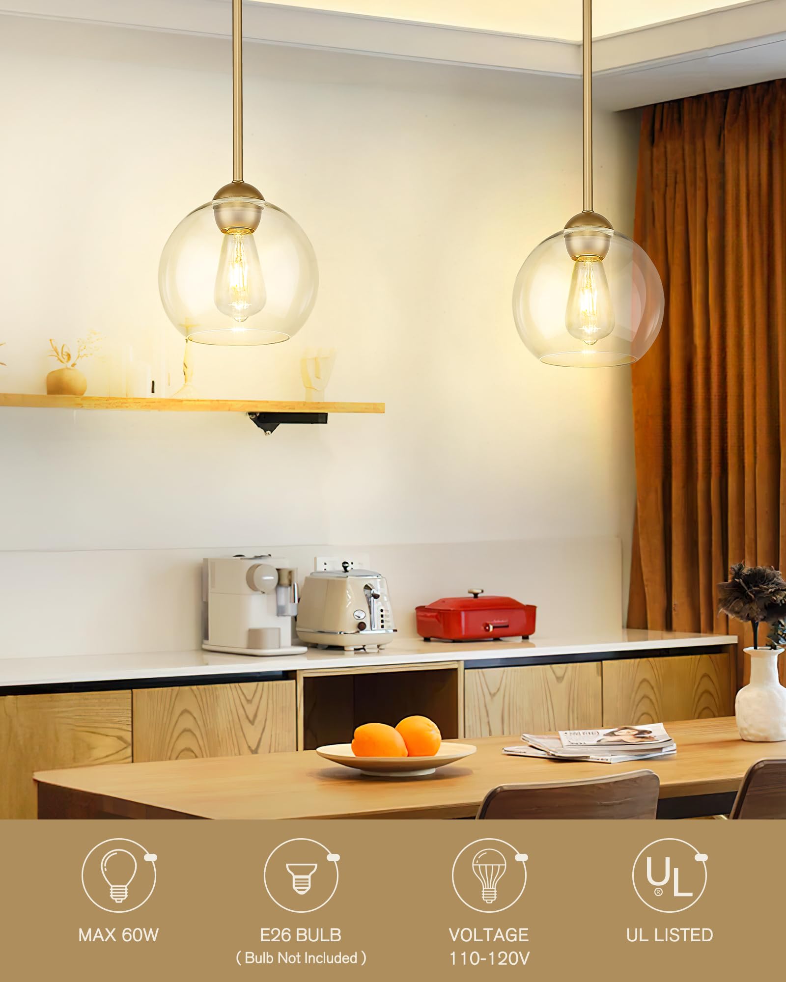 Emak 2 Pack Gold Pendant Light Fixtures, 8 Inch Globe Pendant Lights Kitchen Island With Clear Glass, Modern 1 Light Pendant Lig
