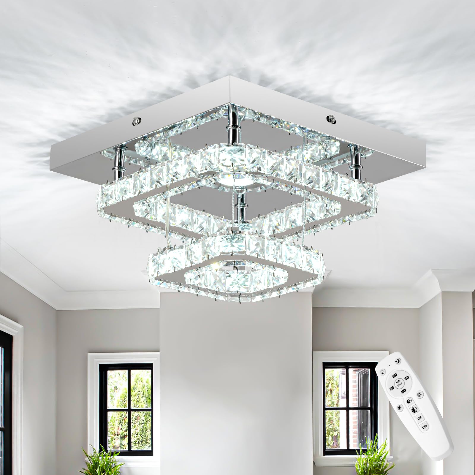 Rheafon Dimmable Crystal Chandelier With Remote Control, 2-Layer Flush Mount Ceiling Light For Bedroom, Kitchen, Hallway & Stair